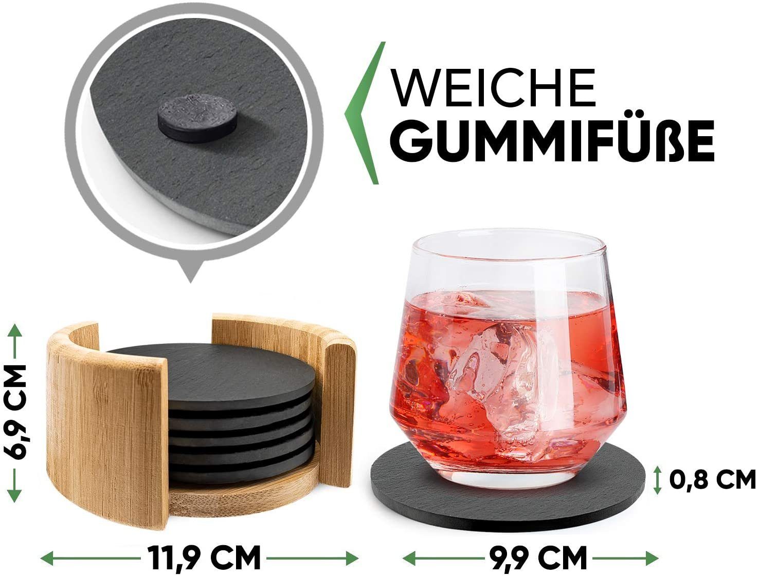 Loco Bird Getränkeuntersetzer 6er Set aus Schiefer rund inkl. Box, Zubehör für Getränke, Tassen, Glas, Design Glasuntersetzer in dunkelgrau