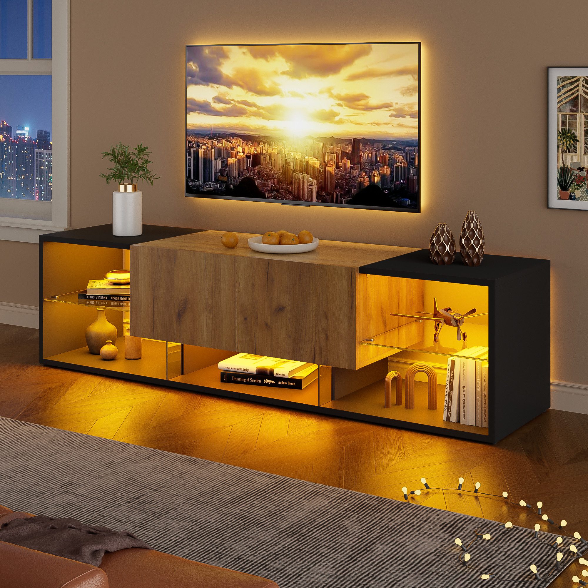 Odikalo Lowboard TV-Schrank mit LED und Stauraum (3 Tier TV Console Cabinet for TVs Up to 70", modernes TV-Konsolen-Entertainment-Center mit Glasplatten-Aufbewahrungsplattform und 2 Schubladen, TV Stand, geeignet für Wohnzimmer, Schlafzimmer, Schwarz)