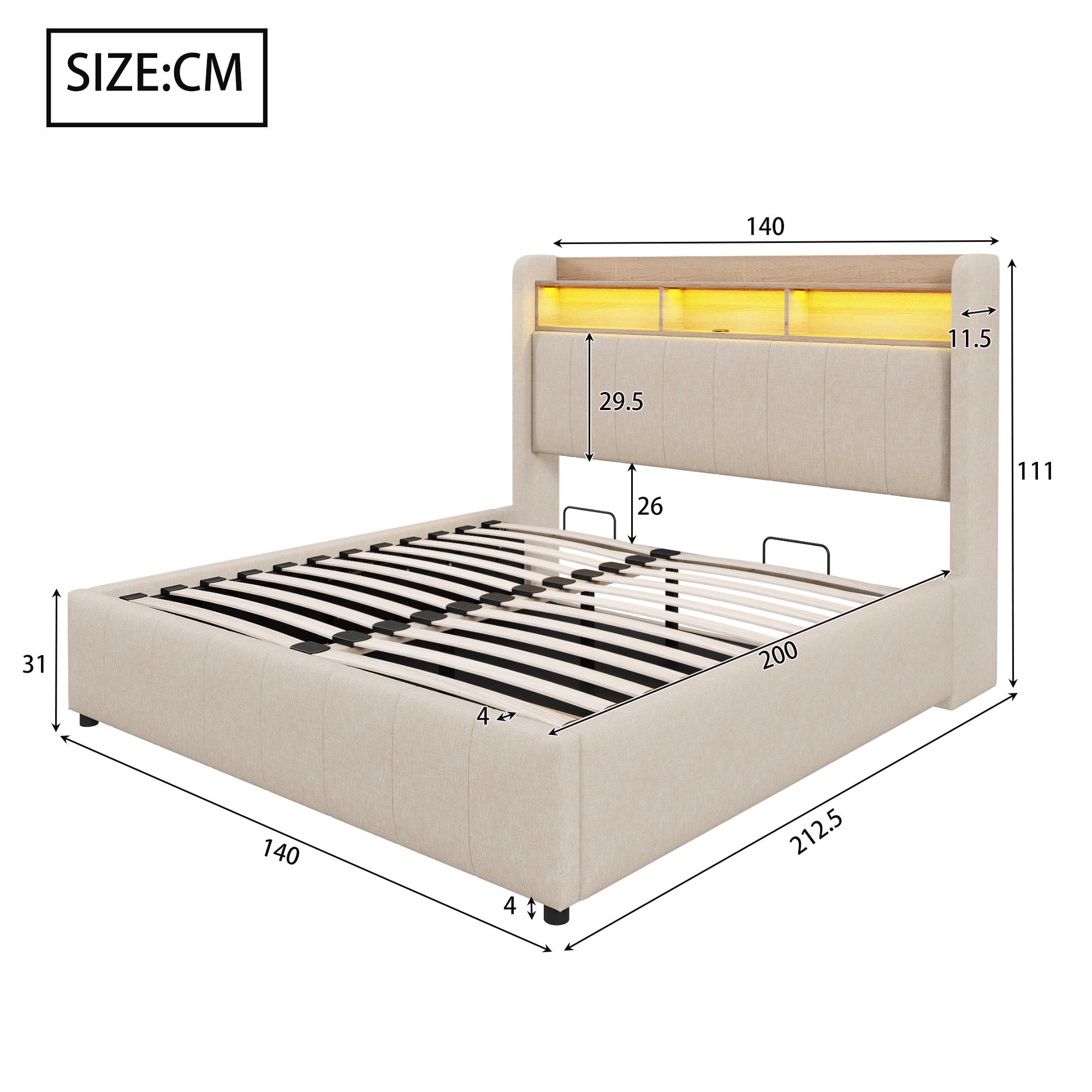 Flieks Polsterbett, LED hydraulisches Doppelbett 140x200cm mit USB-Aufladen günstig online kaufen