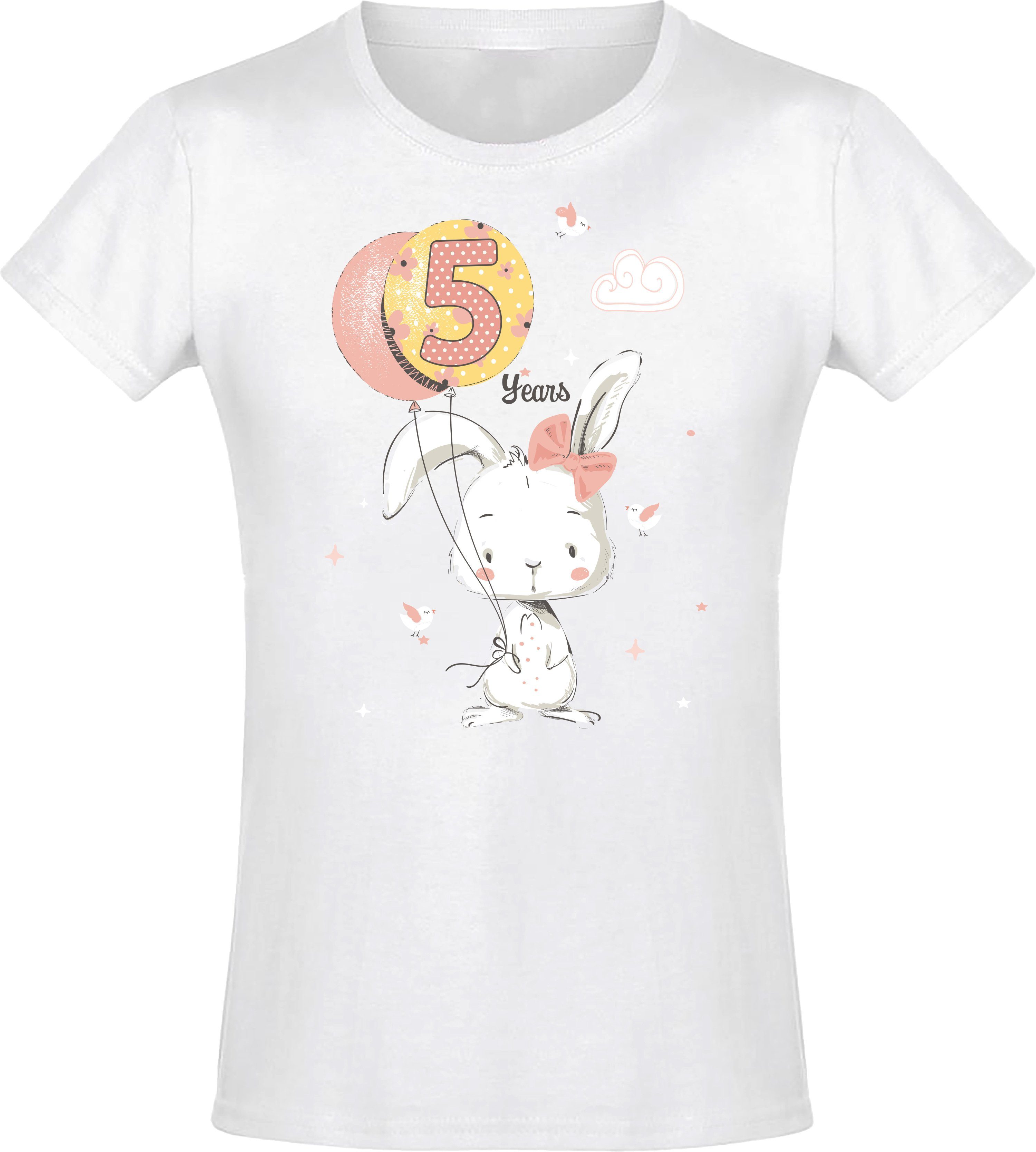 Baddery Print-Shirt Geburstagsgeschenk für Mädchen : 5 Jahre mit Hase hochwertiger Siebdruck, aus Baumwolle Weiß