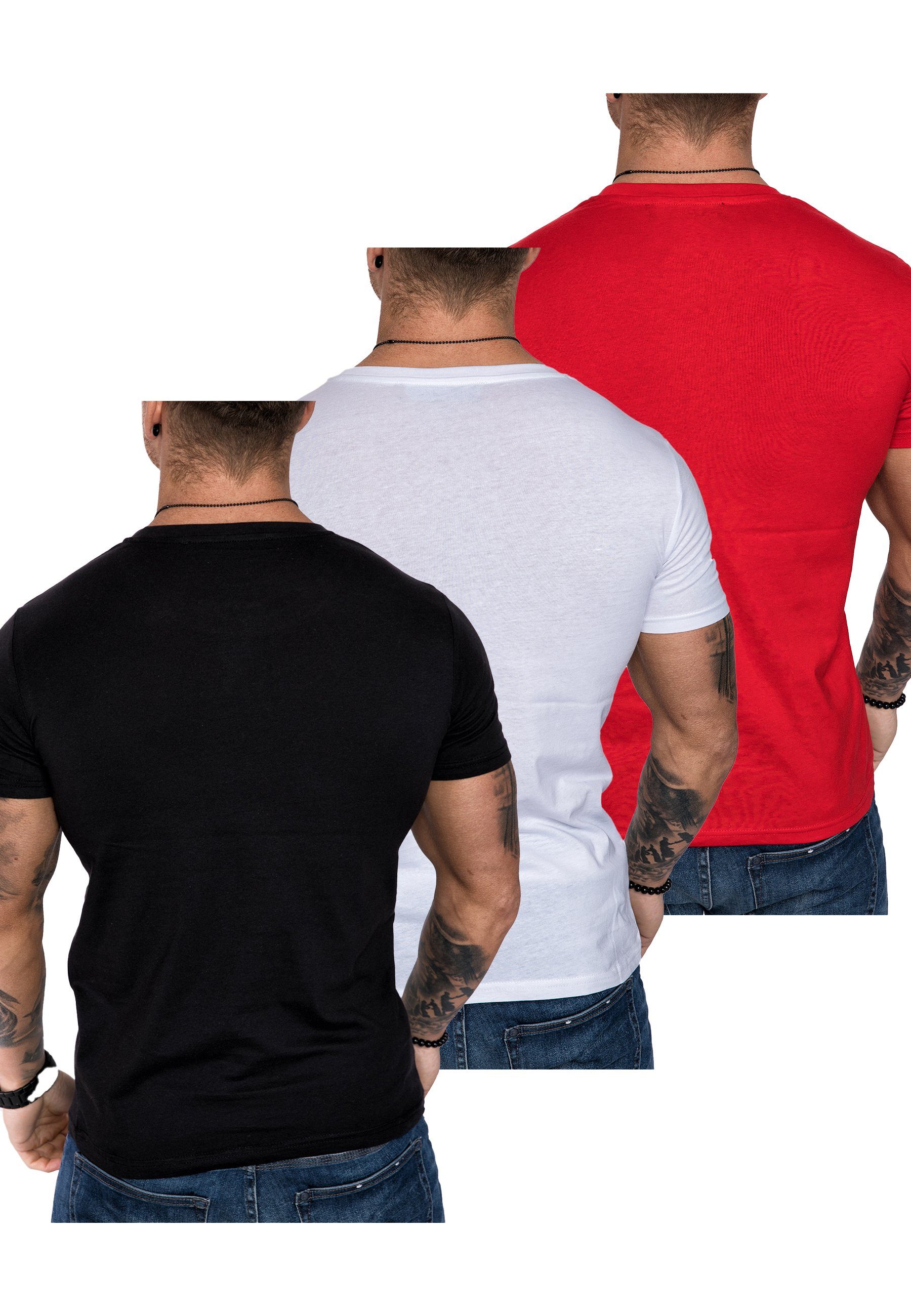 Amaci&Sons Oversize (Rot mit Basic Weiß LANCASTER 3er-Pack (3er-Pack) T-Shirts Herren 3. + Schwarz) + Rundhalsausschnitt T-Shirt T-Shirt