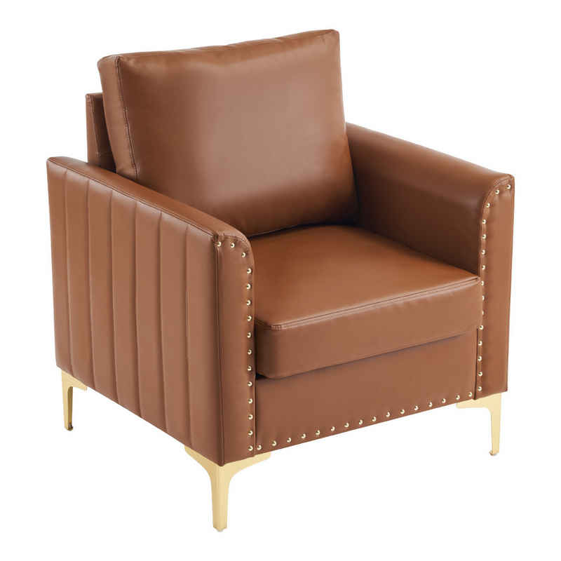 Tongtong Chesterfield-Sessel Einzelsessel mit Kissen, stilvolle Nieten (mit roségoldenen Metallbeinen), PU-Lederstuhl braun