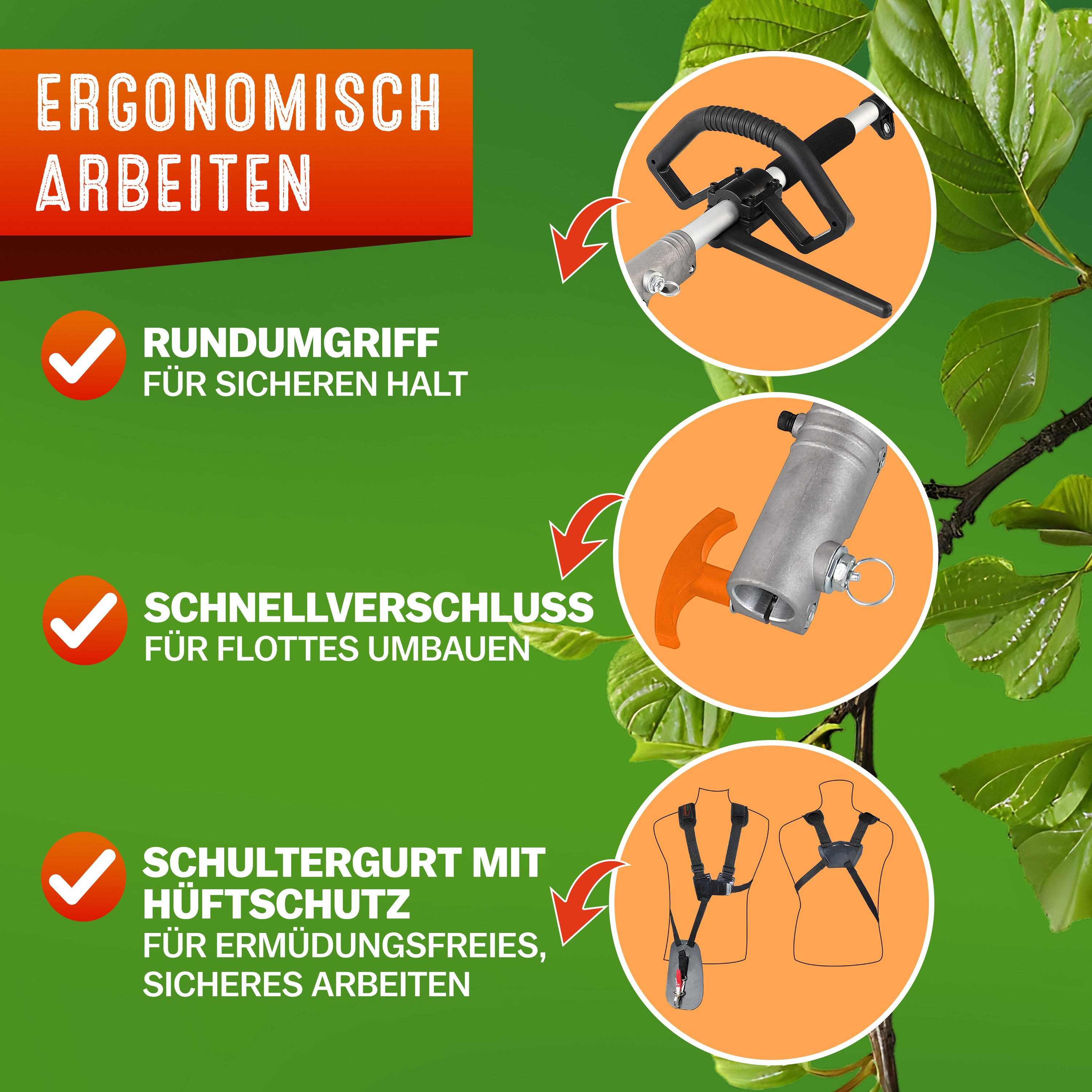 Gardebruk Benzin-Motorsense, GBMT520 2 PS Tragegurt 5 in 1 Multitool 1m Verlängerung Heckenschere