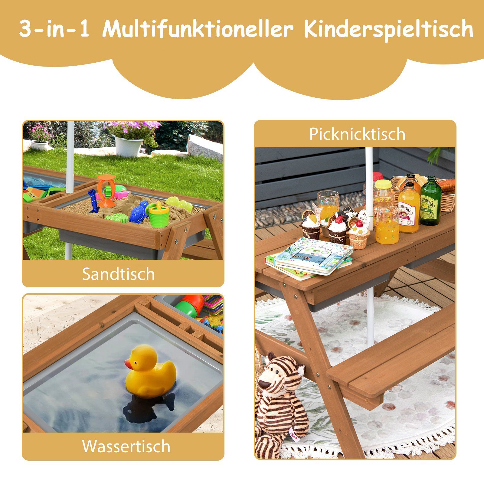 COSTWAY Garten-Kindersitzgruppe 4 Sitzer Picknick, Holz, günstig online kaufen