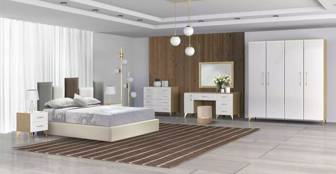 Made in Schlafzimmer + 2x weiß Set Nachttische), 1x Schlafzimmer-Set 3tlg, Italy 2x Bett Nachttisch (3-St., komplett Bett Holz JVmoebel