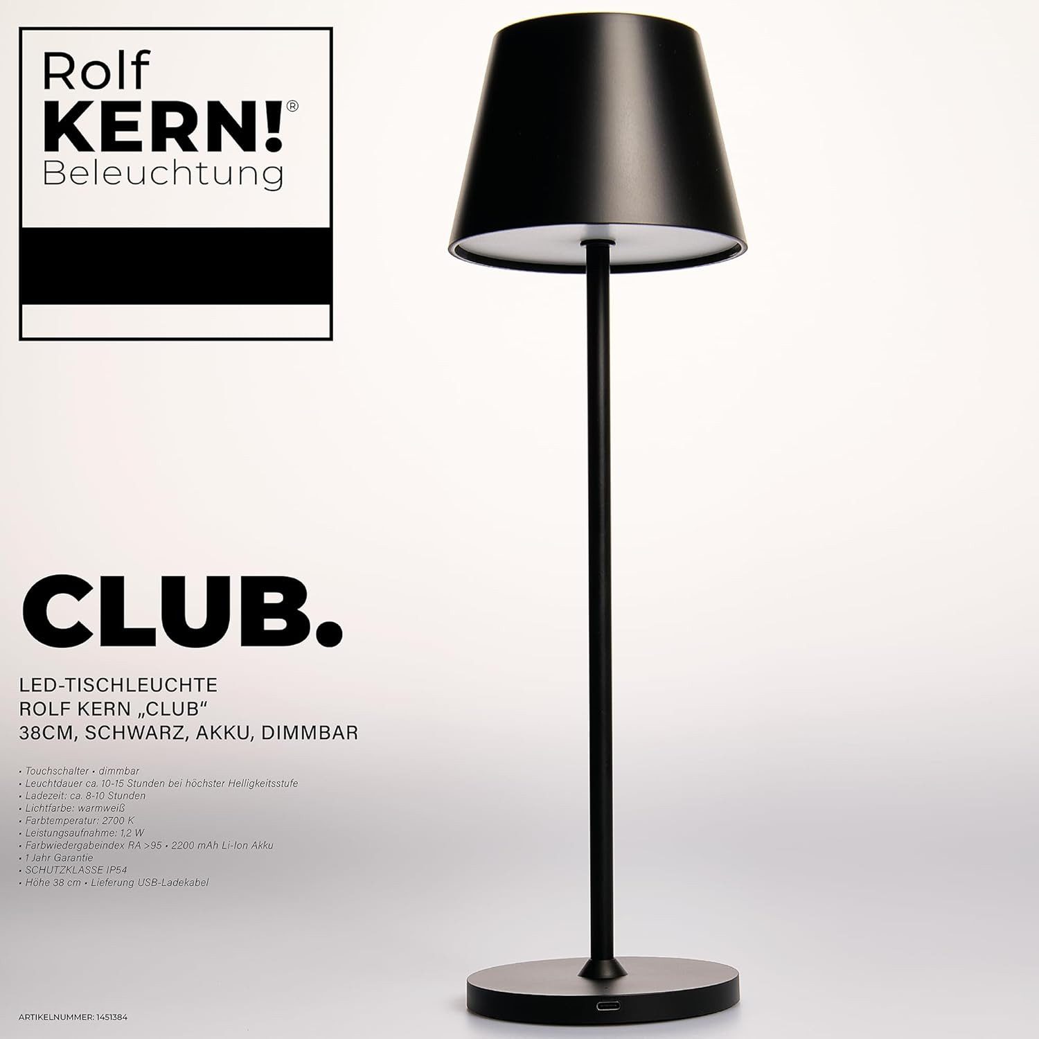 McShine Gartenleuchte ROLF KERN LED Tischlampe, CLUB 38cm, Aufladbarer Akku Tischleuchte