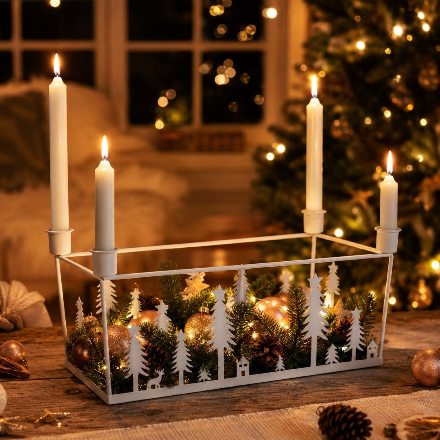 Online-Fuchs Kerzenständer - Stabkerzenhalter für 4 Stabkerzen - Adventskranz aus Metall in Weiß (zeitloses Design, Tischdeko), filigranes und modernes Winterwaldmotiv