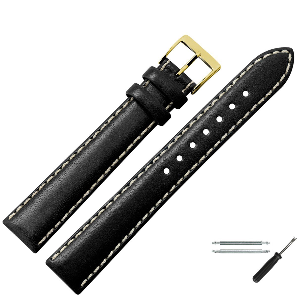 MARBURGER Uhrenarmband 22mm Leder XL extra lang Schwarz/Gold
