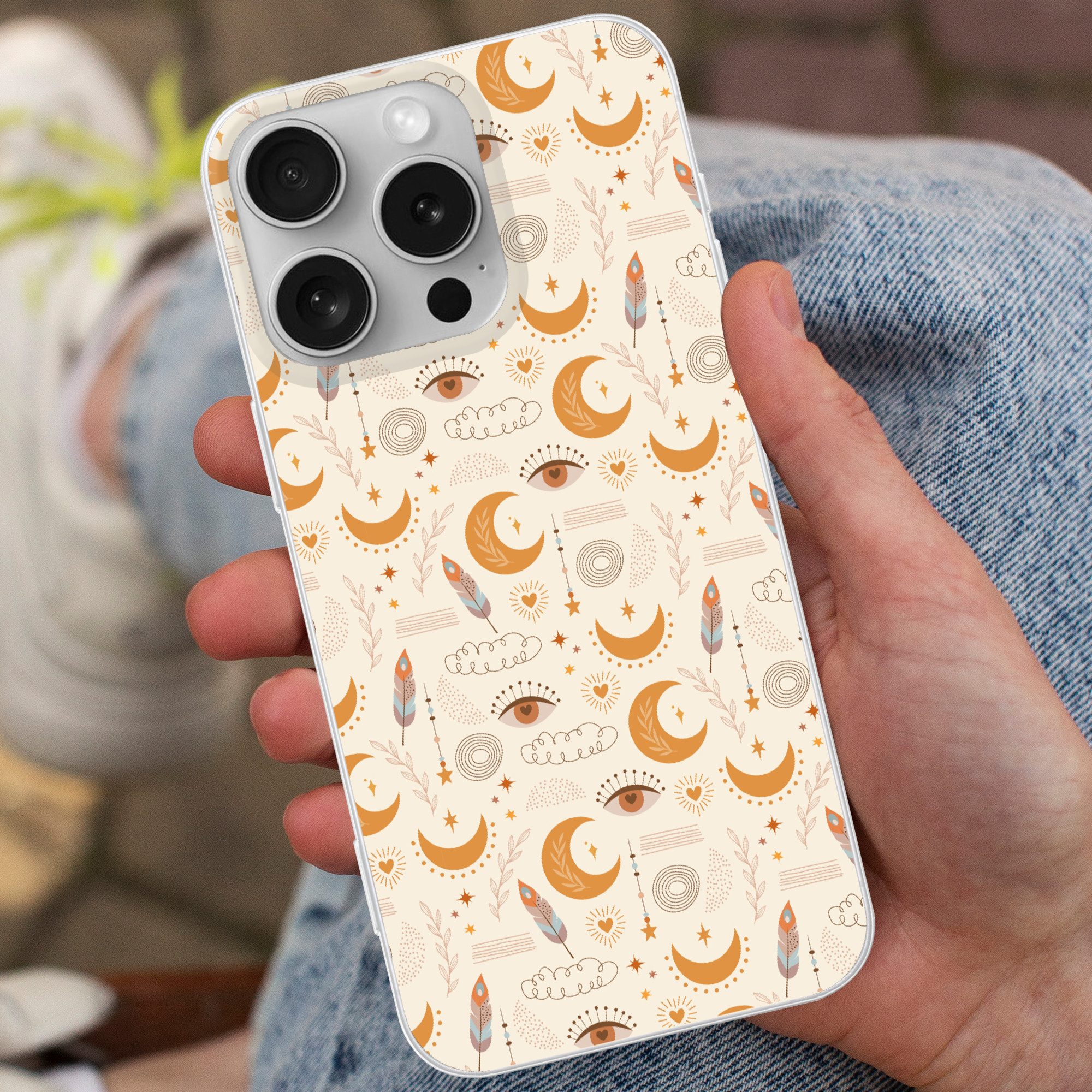 MuchoWow Handyhülle für Apple iPhone 16 Pro Boho - Druck - Augen - Mond - Federn - Beige, Smartphone-Bumper, Print, Handy Schutzhülle Dünn