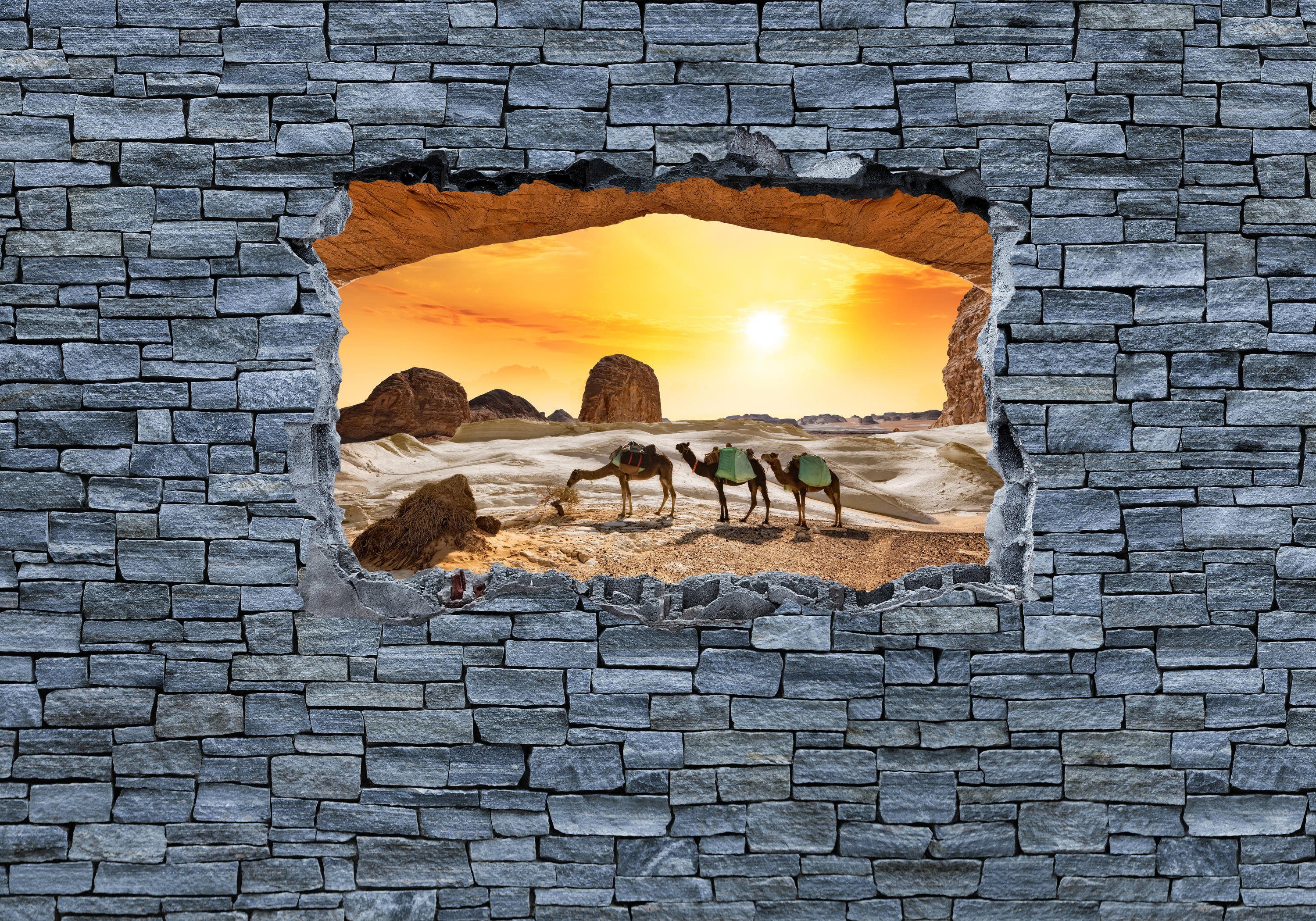 wandmotiv24 Fototapete 3D Kamele in der Wüste- grobe Steinmauer, glatt, Wandtapete, Motivtapete, matt, Vliestapete