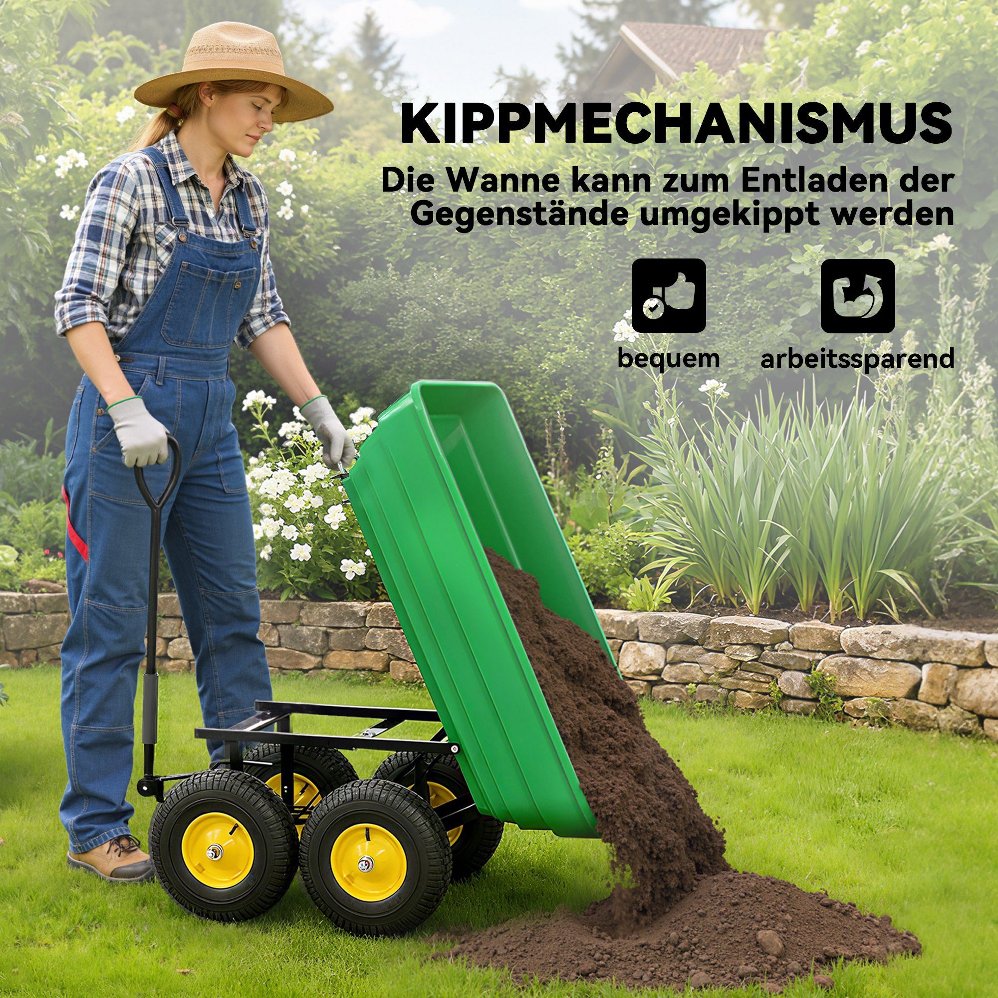 Outsunny Bollerwagen Transportwagen mit Kippfunktion bis 200 kg, Gartenkarre Dumper (Handwagen, 1-tlg., Gartenwagen), für Gartenarbeit Rasen Dunkelgrün – Bild 4 von 5