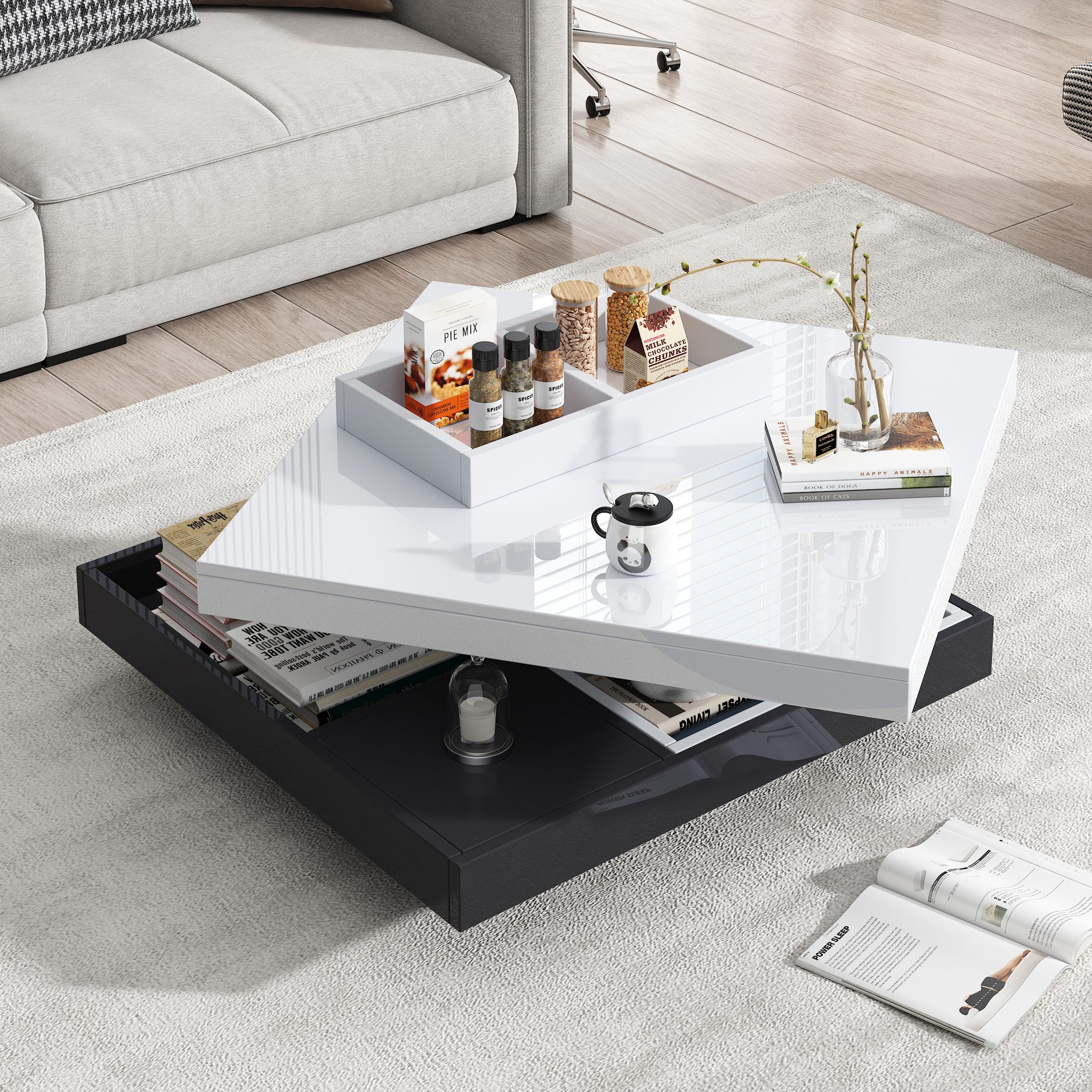HAUSS SPOLE Couchtisch 360° drehbar, 2-stöckige drehbare Tischplatte mit Ablagefach, Schwarz (Satztisch, Wohnzimmertisch Beistelltisch, 1-St., 4 Ablagefach), Doppelcouchtisch mit Hochglanzplatte Tischplatte 360° drehbar
