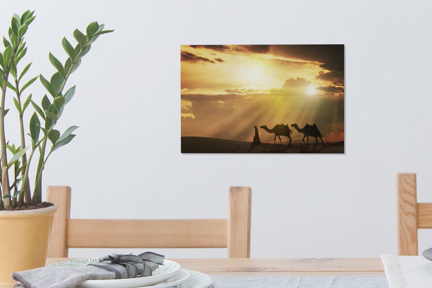 Sonnenuntergang, 30x20 Leinwandbild Leinwandbilder, bei Kamele cm Arabischer Mann Wandbild St), und Wanddeko, OneMillionCanvasses® Aufhängefertig, (1