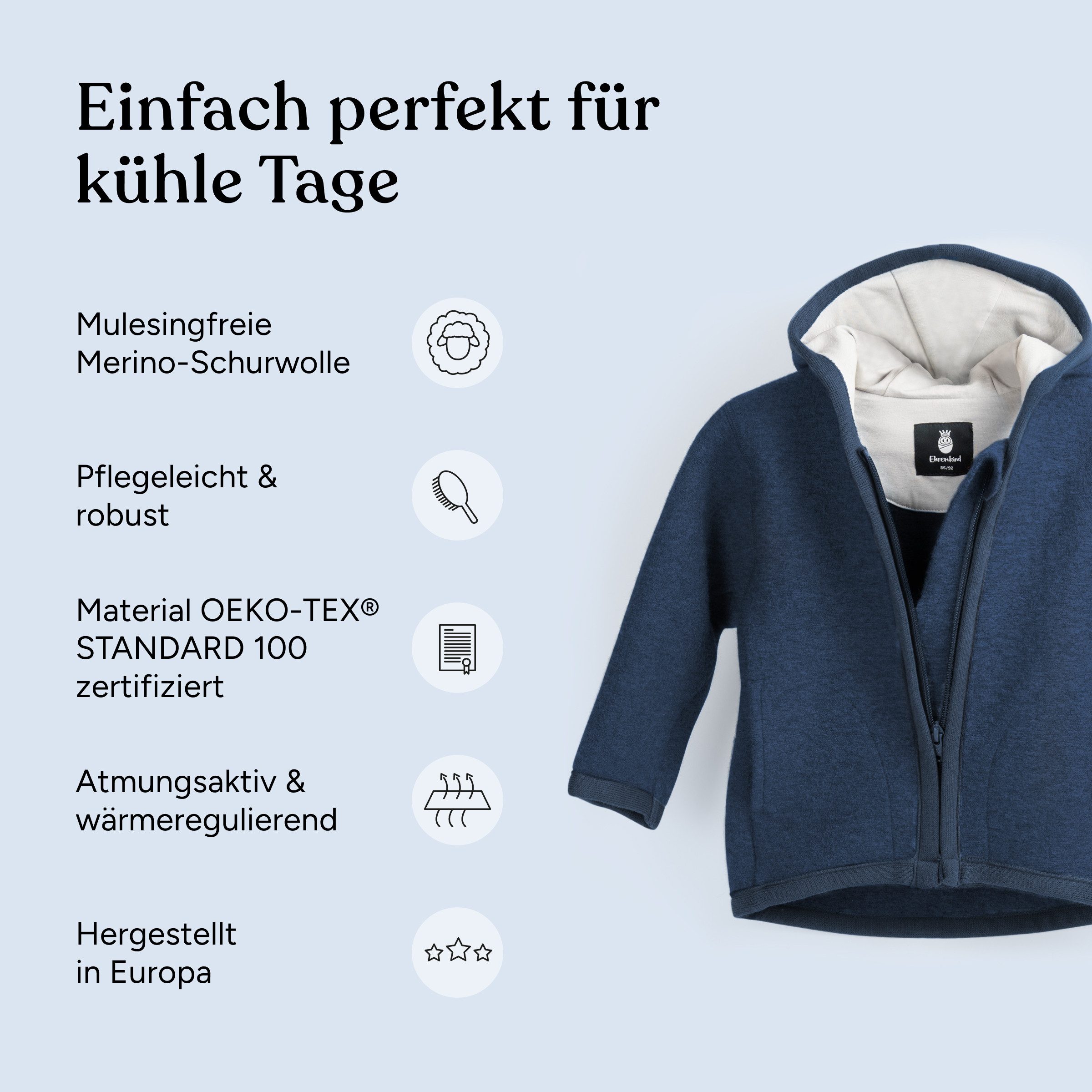 Ehrenkind Walkjacke, Jacke für Kinder aus Merino Schurwolle mit Reißverschluss (aus hochwertiger Walkwolle, atmungsaktiv und temperaturausgleichend) Jacke für Jungen und Mädchen