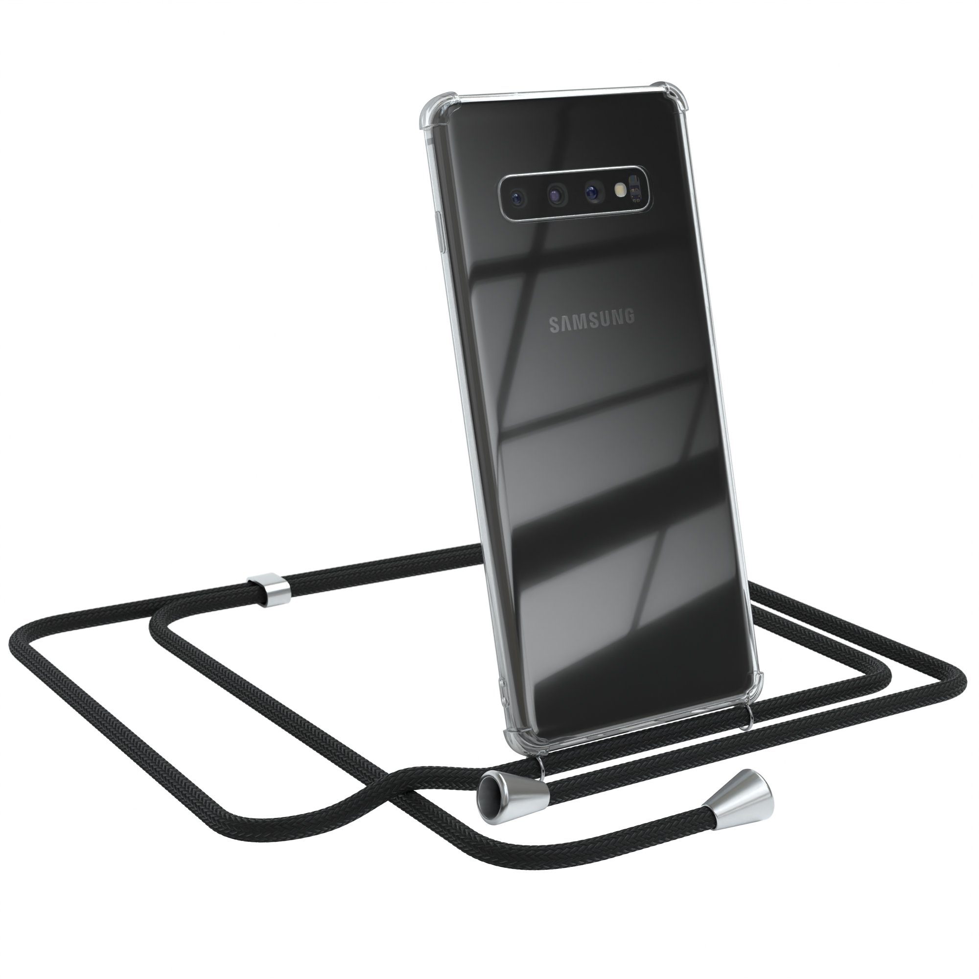 EAZY CASE Handykette Hülle mit Kette für Samsung Galaxy S10 Plus 6,4 Zoll, Handykette Hülle mit Band Slimcover Schutzhülle Schwarz Clips Silber