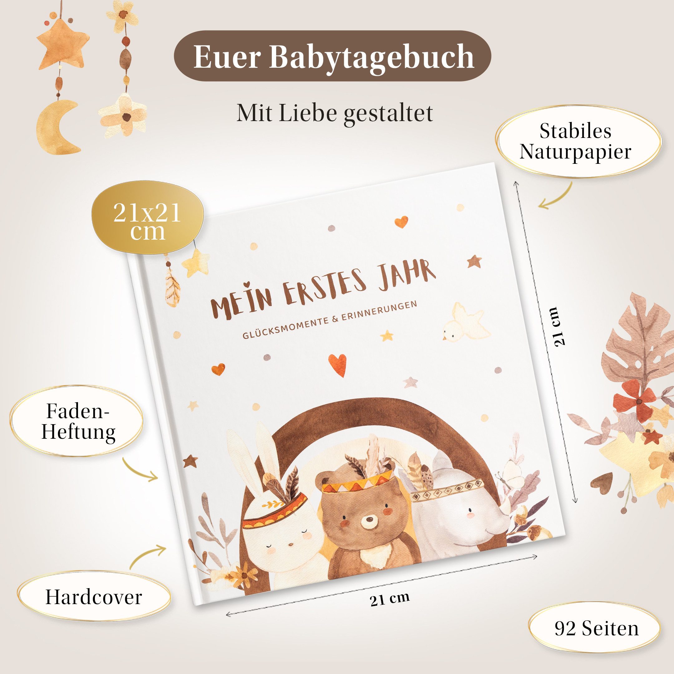 Eulentaler Tagebuch I Mein erstes Jahr Babyalbum I Von Pädagogen gestaltet im süßen Boho Stil, mit handgemalte Illustrationen & allen Meilensteinen