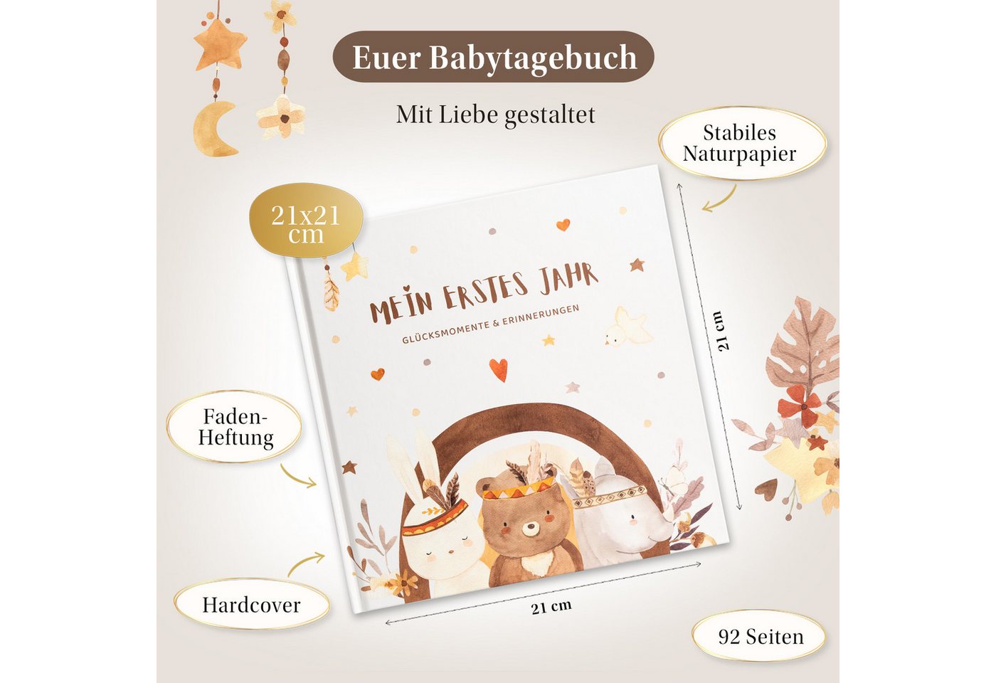 Thumbnail - Eulentaler Tagebuch I Mein erstes Jahr I Von Pädagogen gestaltet I Boho I Boho, Nursery, 21x21, 92 Seiten Inhalt, Hardco...