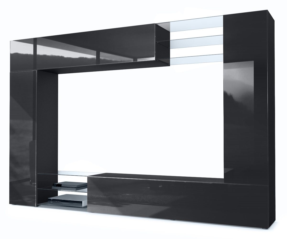 Vladon Wohnwand Mirage, (Anbauwand mit Rückwand mit 2 Türen, 4-St., 2 Klappen und 6 offenen Glasablagen), Schwarz matt/Schwarz Hochglanz (262 x 183 x 39 cm) Front in Schwarz Hochglanz | Wohnwände