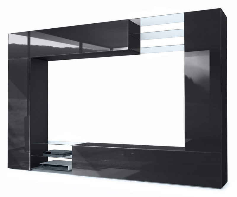 Vladon Wohnwand Mirage, (Anbauwand mit Rückwand mit 2 Türen, 4-St., 2 Klappen und 6 offenen Glasablagen), Schwarz matt/Schwarz Hochglanz (262 x 183 x 39 cm)