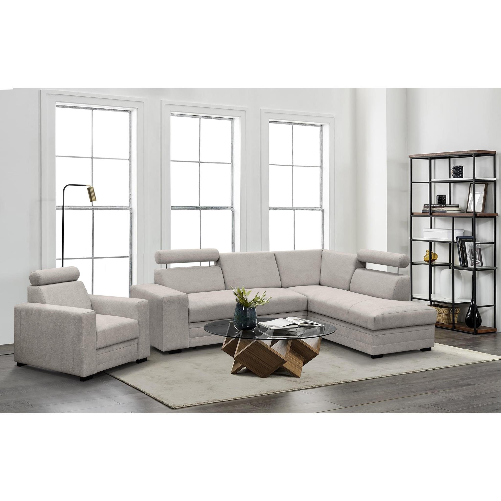 Schlaffunktion, Polstergarnitur mit Sessel, 04) Beige (vardo Bettkasten, gepolstertes Set Sessel Eckgarnitur Ecksofa aus verstellbare für Kopfstützen), Roma, (modernes mit Bonnell-Federn Beautysofa Wohnzimmer