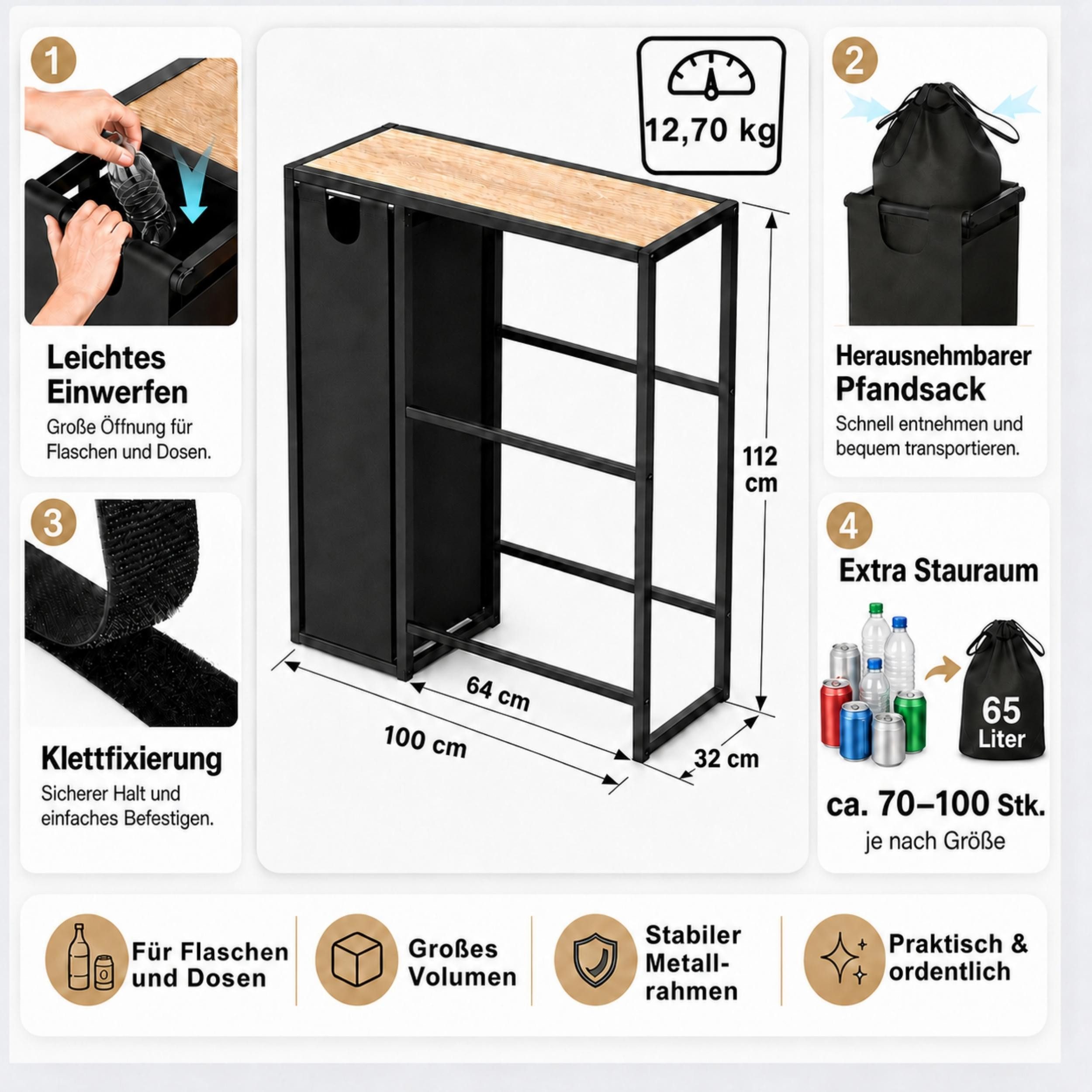 DanDiBo Küchenregal Getränkeregal 4 Kisten mit Ablage und Sammelbehälter Metall Schwarz
