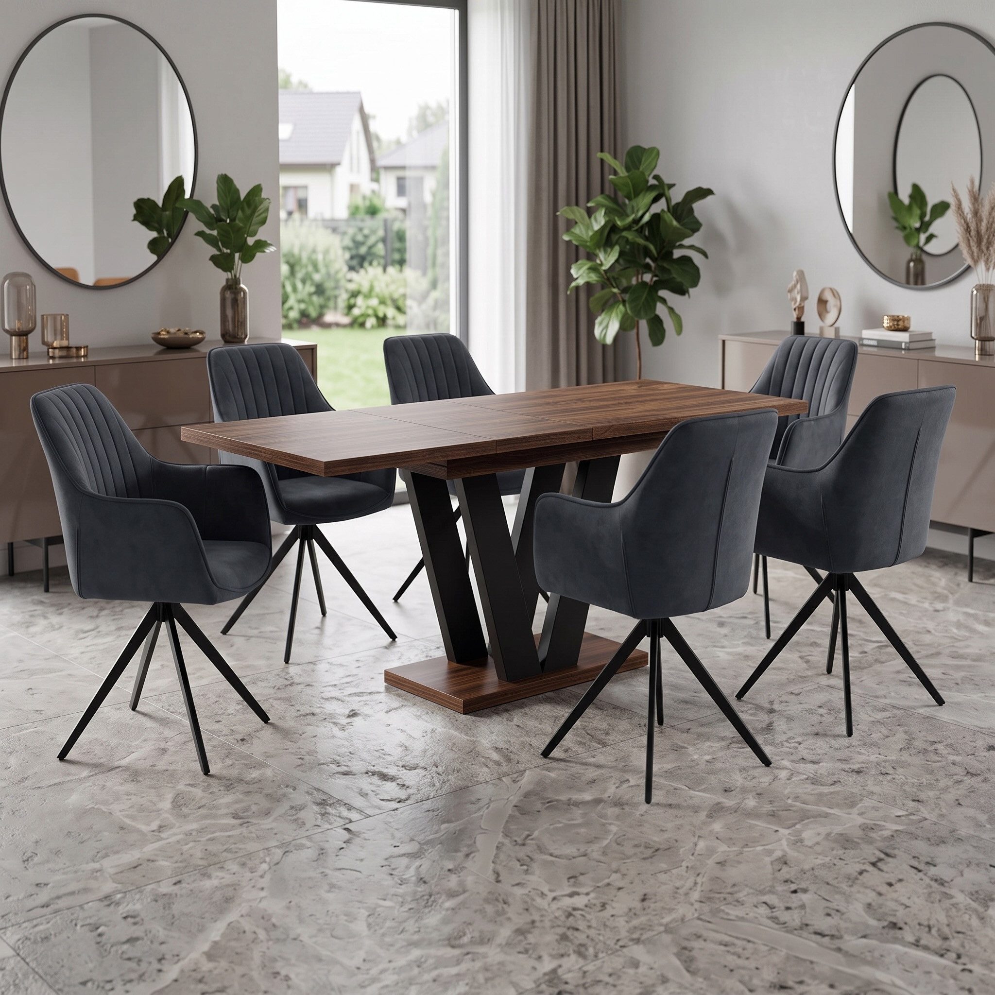 Endo-Moebel Essgruppe Essgruppe Esstisch ausziehbar 130/210cm 6 Stühlen Set Textil Samt, (7-tlg)