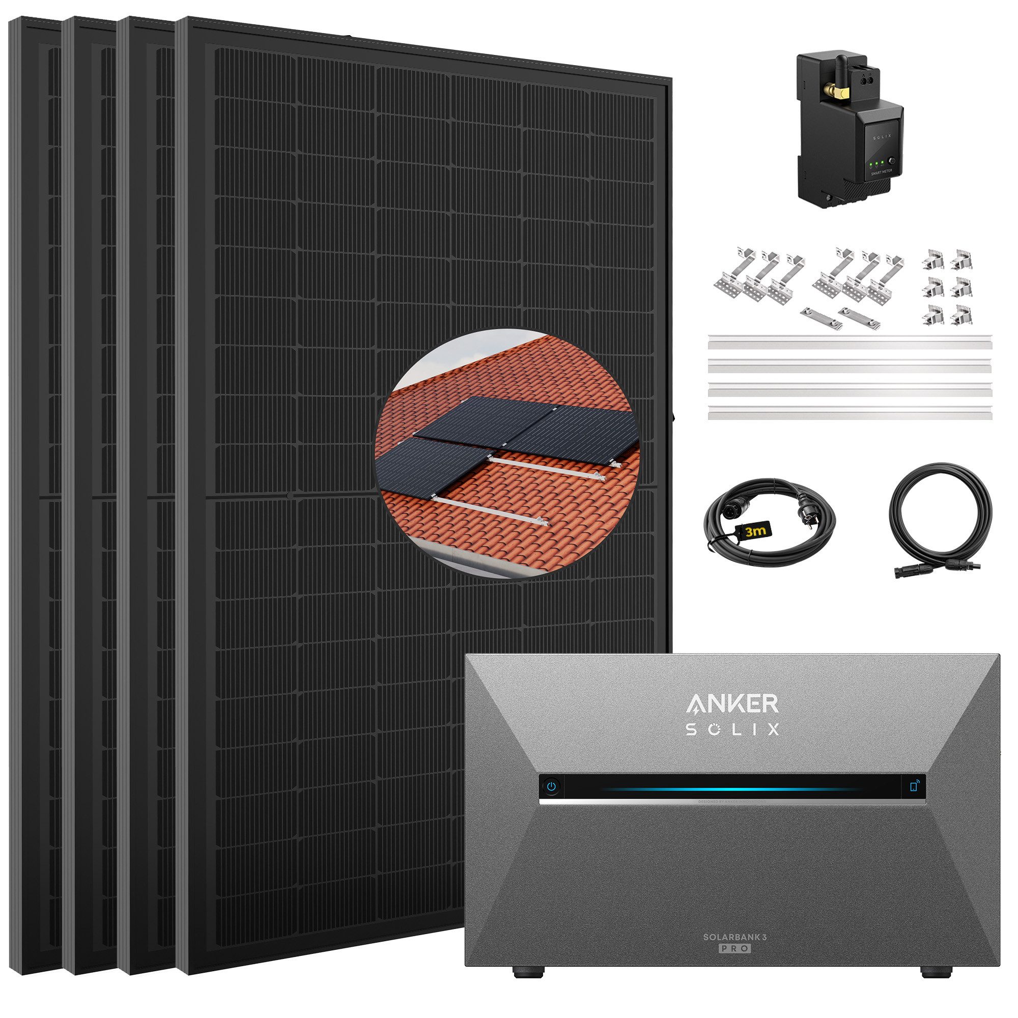 SolarMars Balkonkraftwerk mit Speicher 2000W Anker Solix Solarbank 3 E2700 Pro, 2000 W, Monokristallin, (mit optionaler BP2700 Erweiterungsakku und Halterung), mit intelligenter KI zur dynamischen Überwachung des Stromverbrauchs