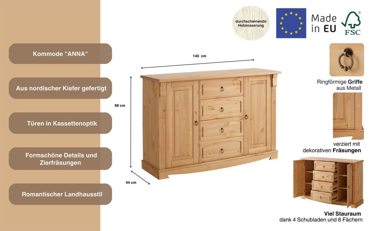 OTTO home Sideboard Anna (Gesamtmaße (B/T/H): ca. 140/44/88 cm), Kommode, Breite 140 cm, 4 Schubladen, 2 Türen, Massivholz, FSC®
