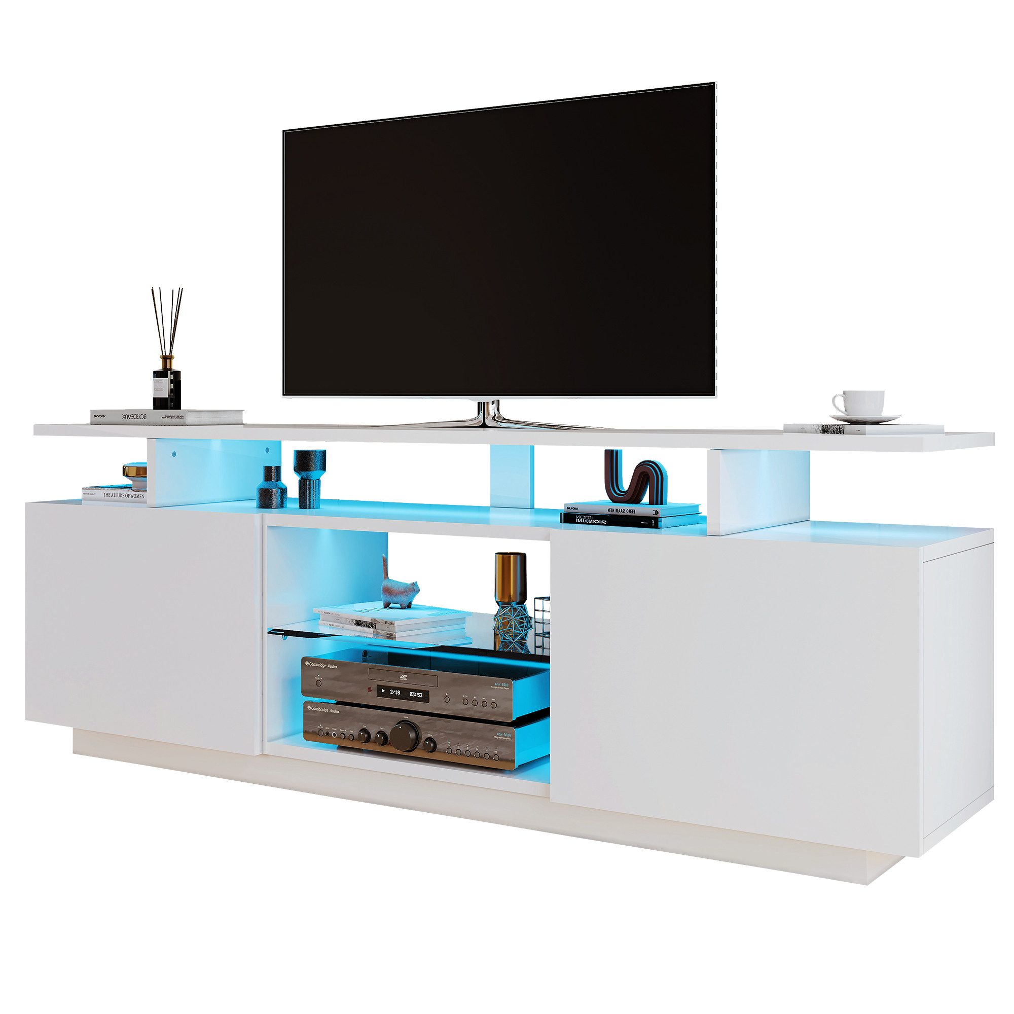 KLAM HOME Lowboard Weißes Lowboard Mit 16-Farbiger LED Beleuchtung (140cm TV Schrank Für Bis Zu 60 Zoll Fernseher), Moderner Aufbewahrungsschrank Mit App-Steuerung