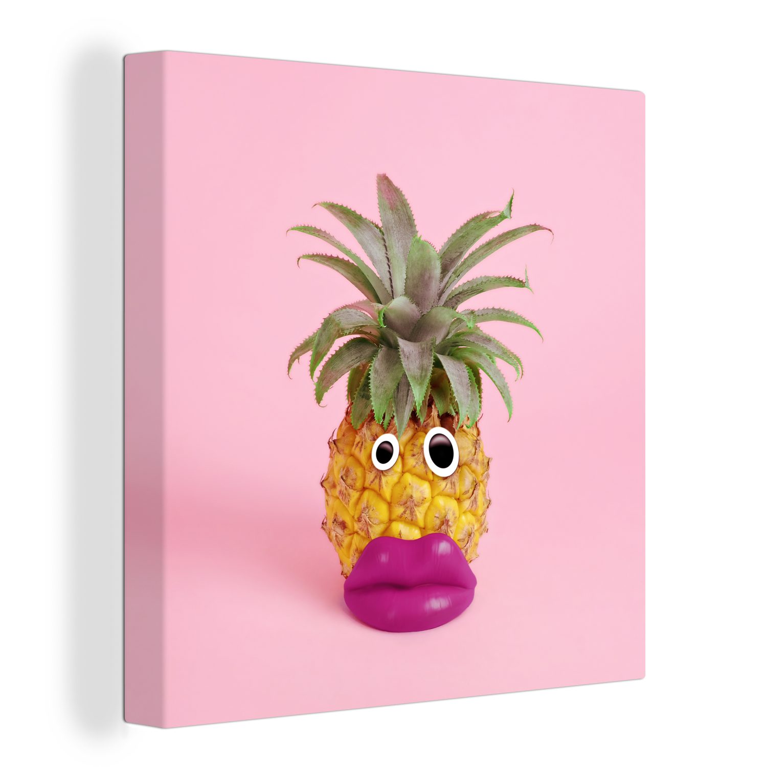OneMillionCanvasses® Leinwandbild Ananas mit Gesicht aus falschen Lippen und Kulleraugen, (1 St), Leinwand Bilder für Wohnzimmer Schlafzimmer
