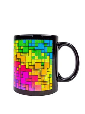 PSYWORK Tasse Fluo Cup Neon Motiv Tasse "Fancy Rainbow Pixel", Keramik, UV-aktiv, leuchtet unter Schwarzlicht