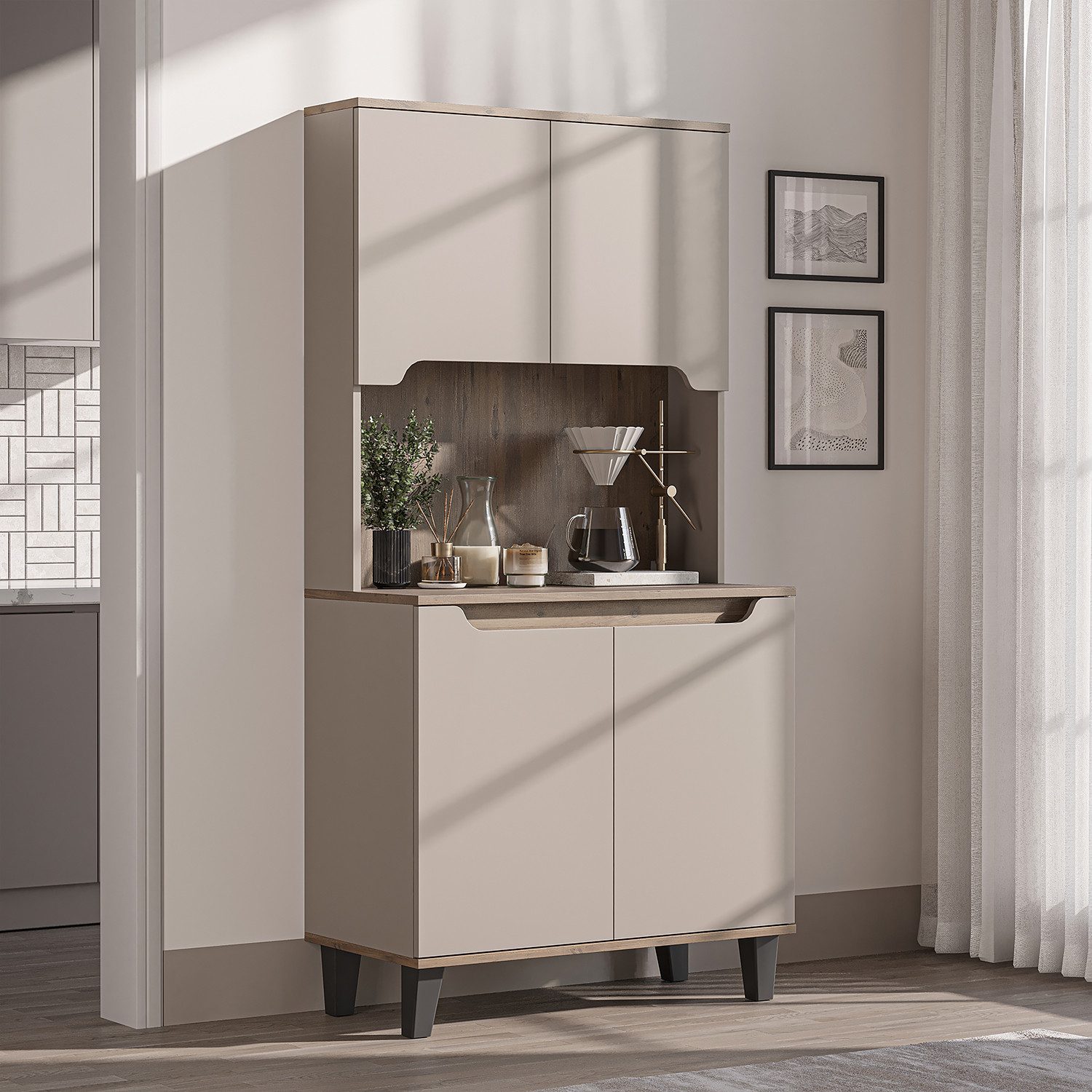 Roomart Küchenbuffet DEFNE mit Nische Kaffeebar Mikrowellenschrank Vorratsschrank, 5 Farben Offene Nische für Kaffeemaschine, 4 Türfächer – Bild 2 von 5