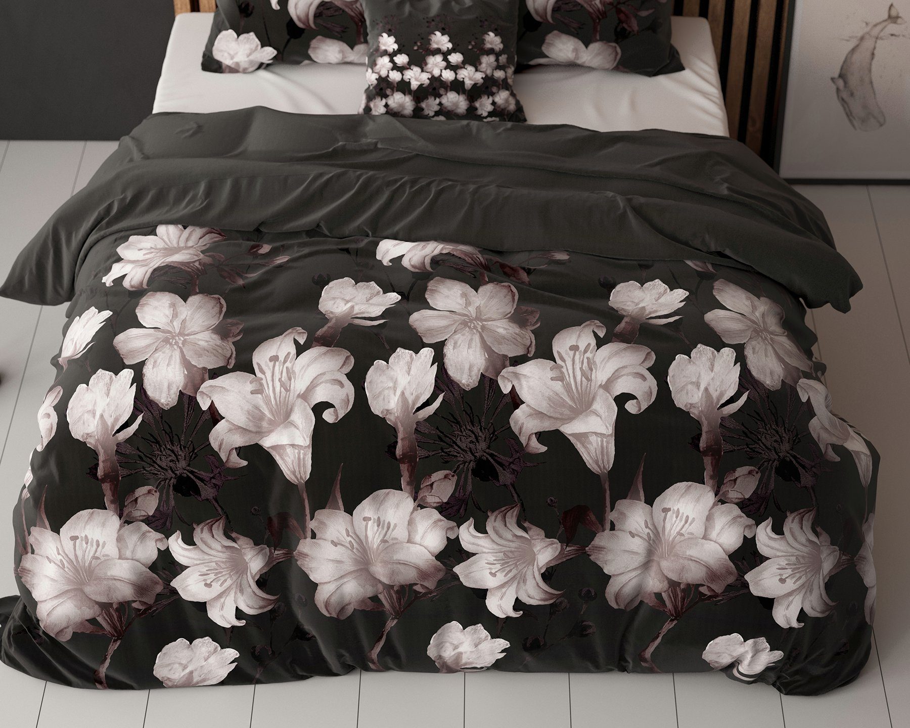 Sitheim-Europe Bettwäsche Imma Elegance Bettbezug mit dunkler Blume, Baumwolle, 2 teilig, Antiallergisch, knitterarm und bügelfrei