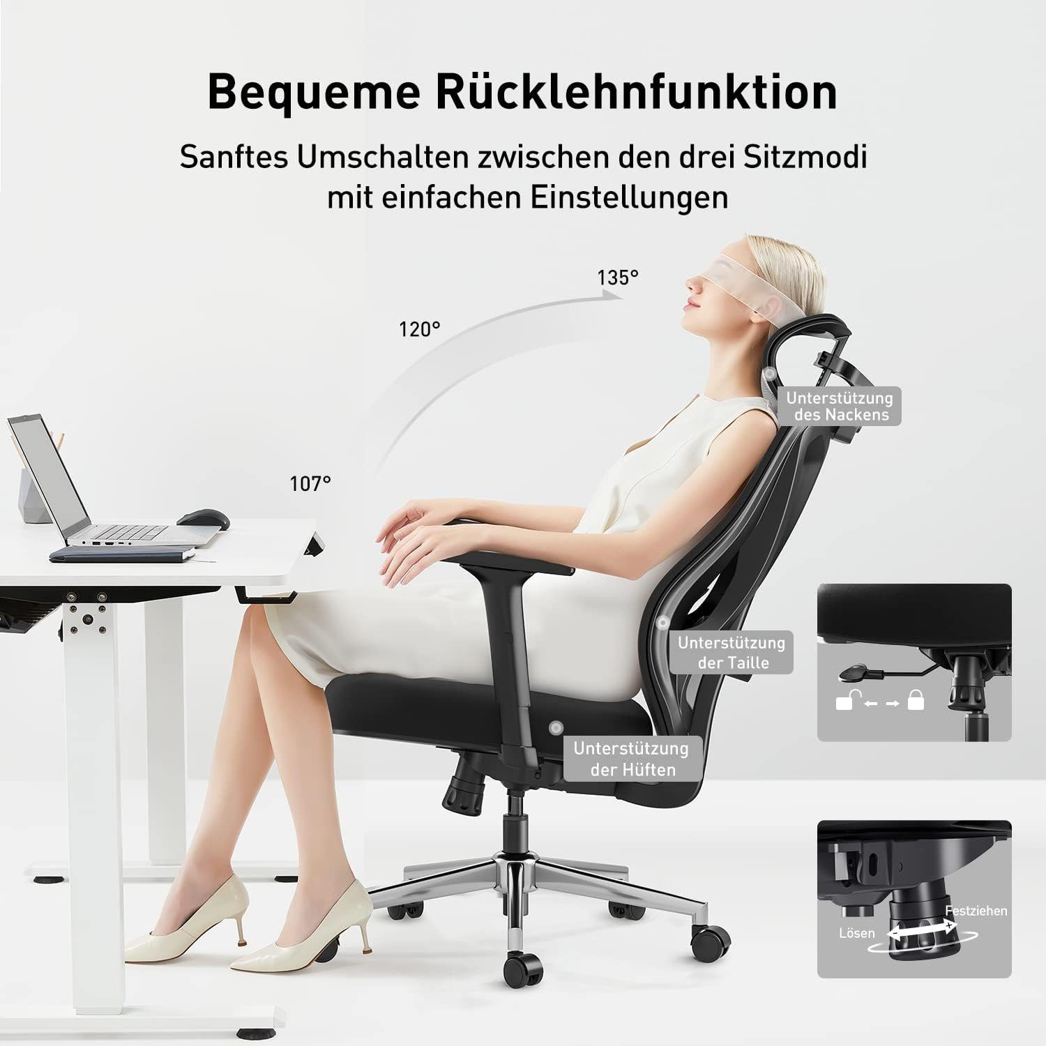 und Bürostuhl Ergonomischer verstellbare Hbada Armlehnen (atmungsaktive Bürostuhl,Schreibtischstuhl Kopfstützen), elastische Verstellbarer Lordosenstütze Sitzkissen,