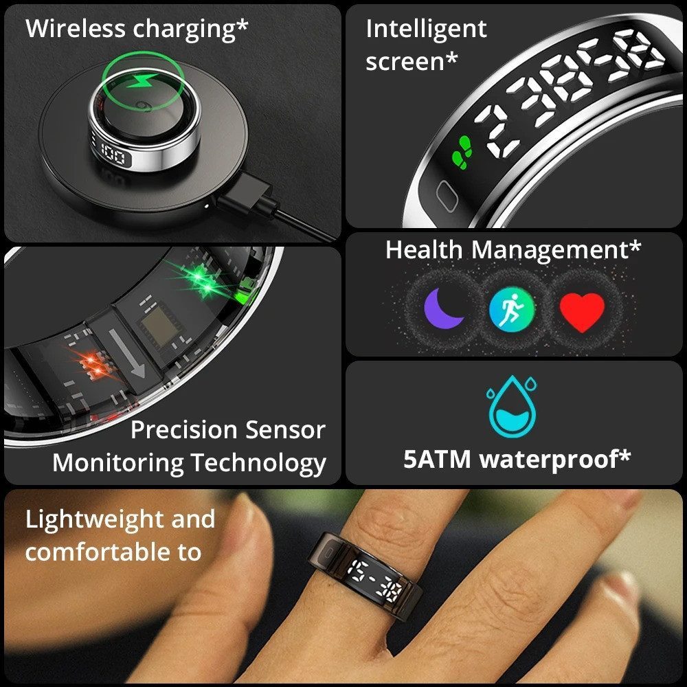 Athlix Fitness-Tracker Smart Ring mit Bildschirm und Touch Fitness Tracker Gesundheitsmanager, Touch-Display, Keine Smartwatch nötig, Wasserdicht