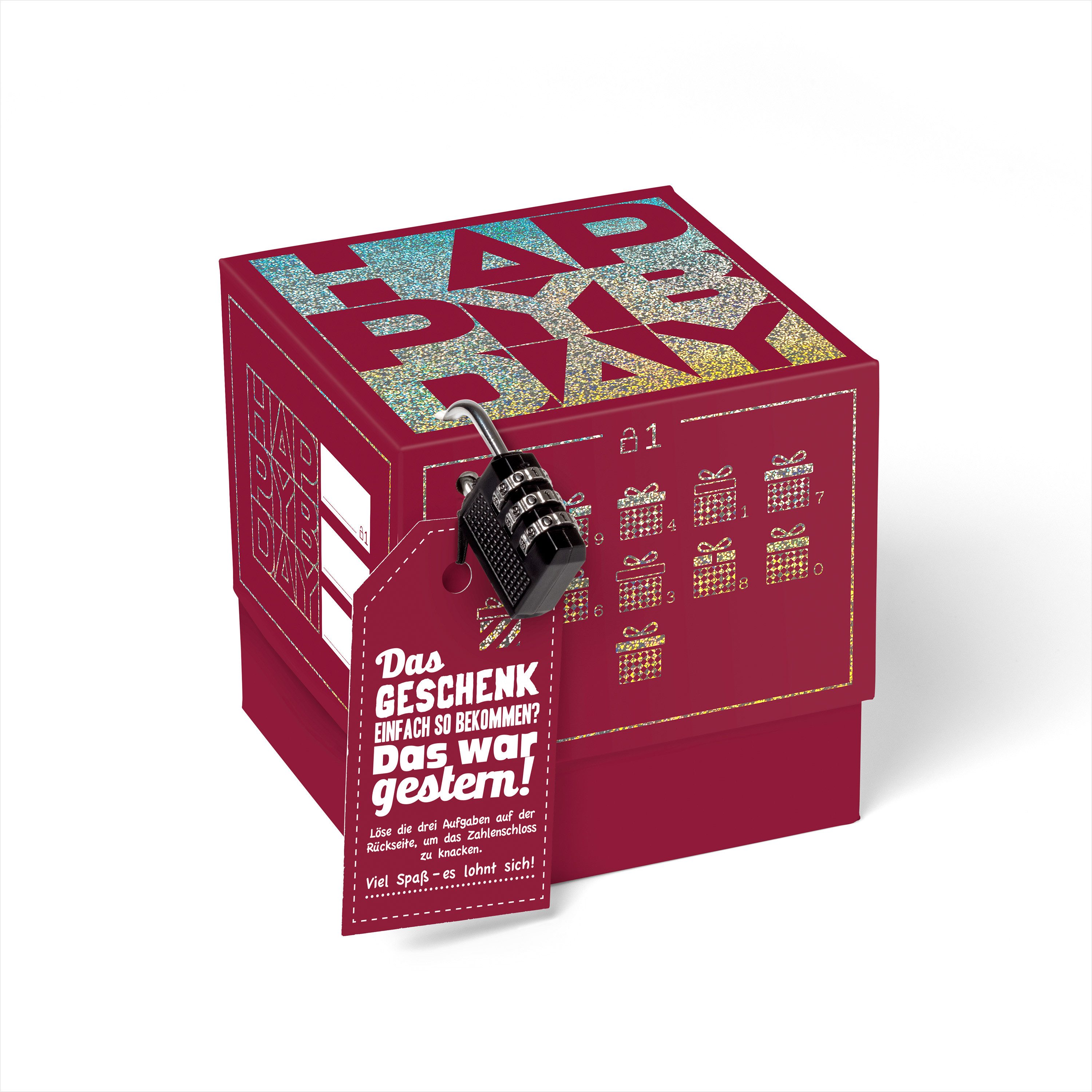 SURPRISA Geschenkbox Rätsel-Geschenkbox Happy Birthday mit Glitzer, originelle Geburtstagsbox mit Zahlenschloss zum Geburtstag