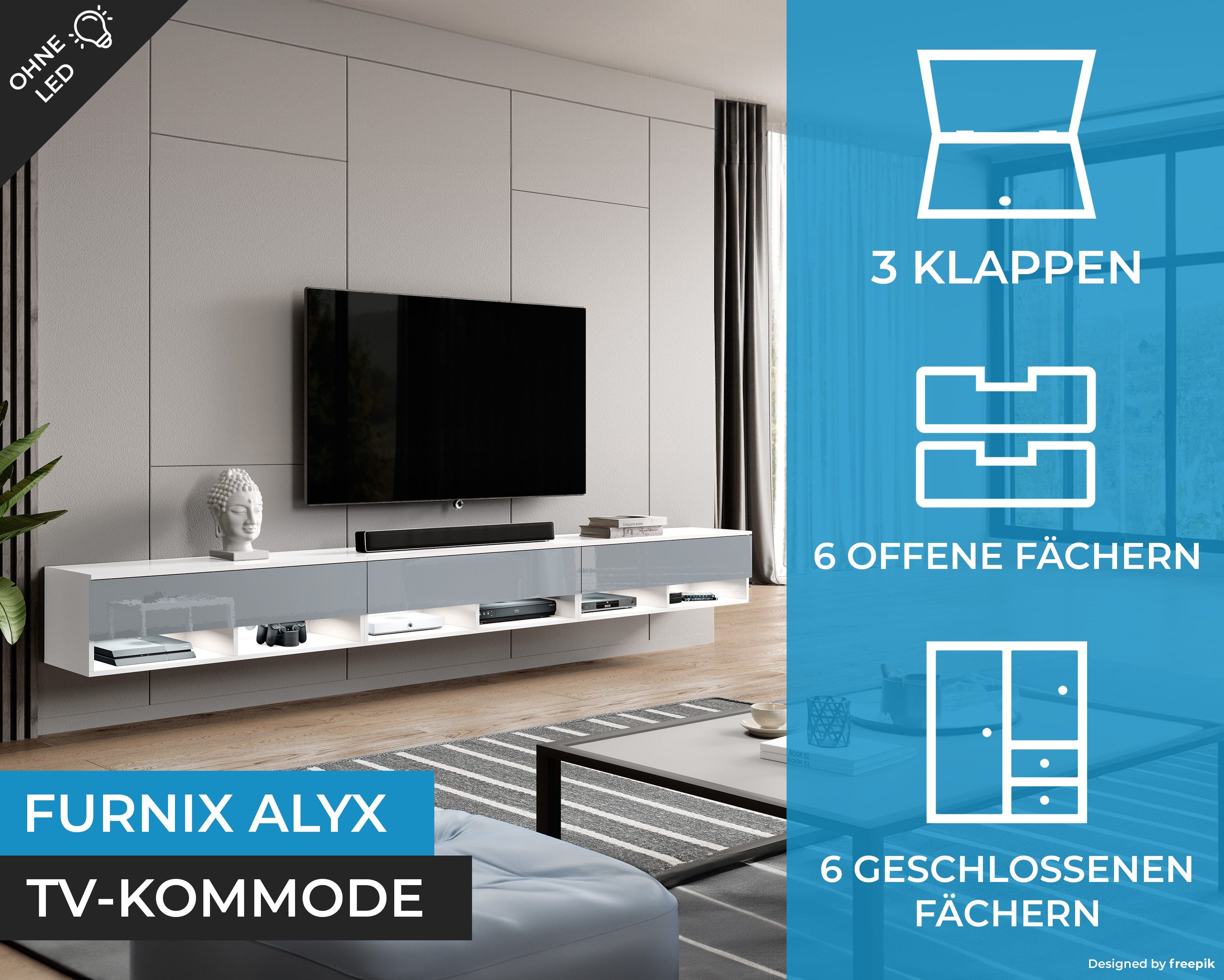 x Lowboard x ohne 300 TV-Schrank ALYX Furnix Türen TV-Kommode T32 H34 3 B300 cm Glanz cm LED mit Weiß/Grau