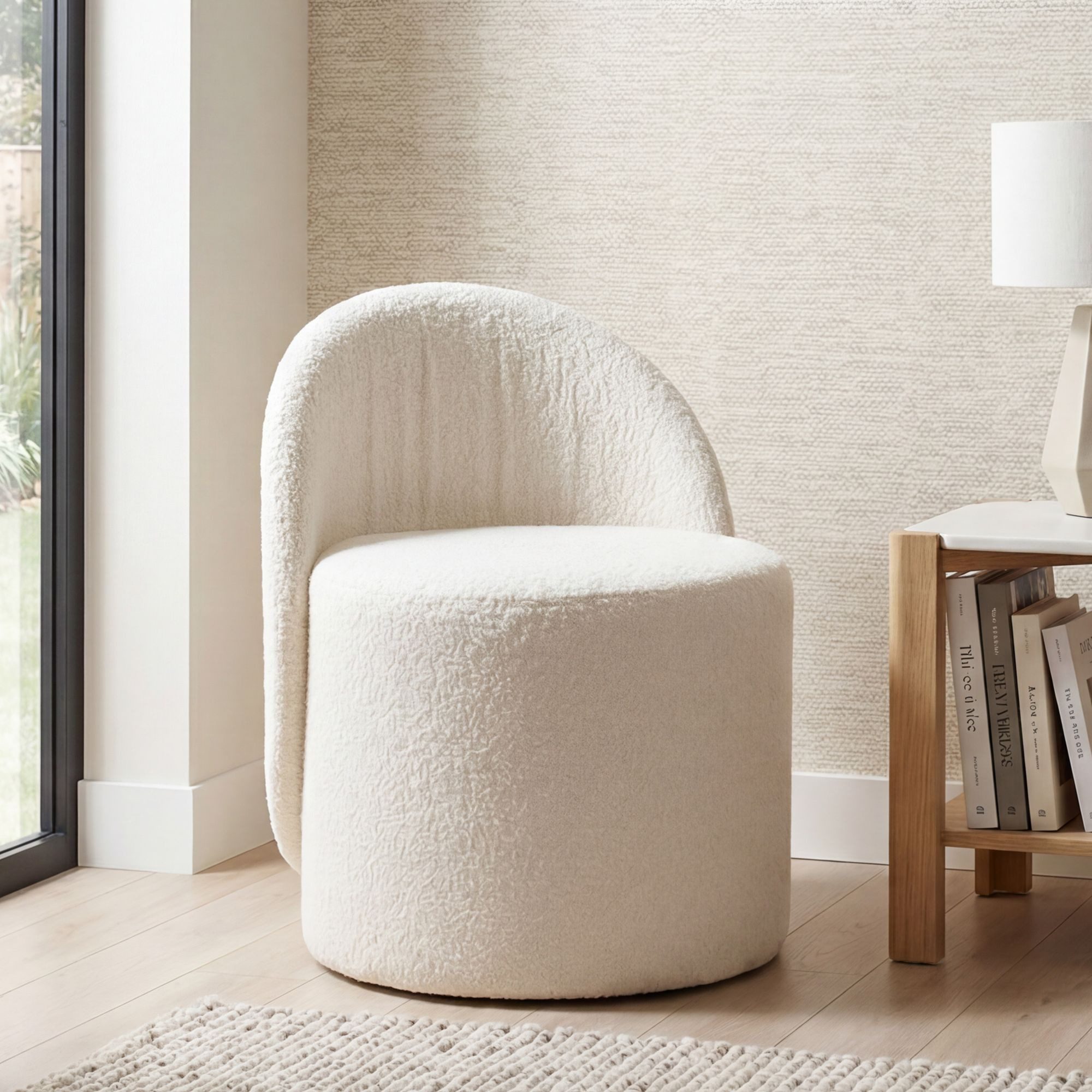FINEBUY Sitzhocker FB117657 Stoffhocker 40cm Creme Beistellhocker Polsterhocker Hocker (Runder Polsterhocker mit weichem Teddy-Bezug), Komfortabler Sitzhocker mit fester Rückenlehne