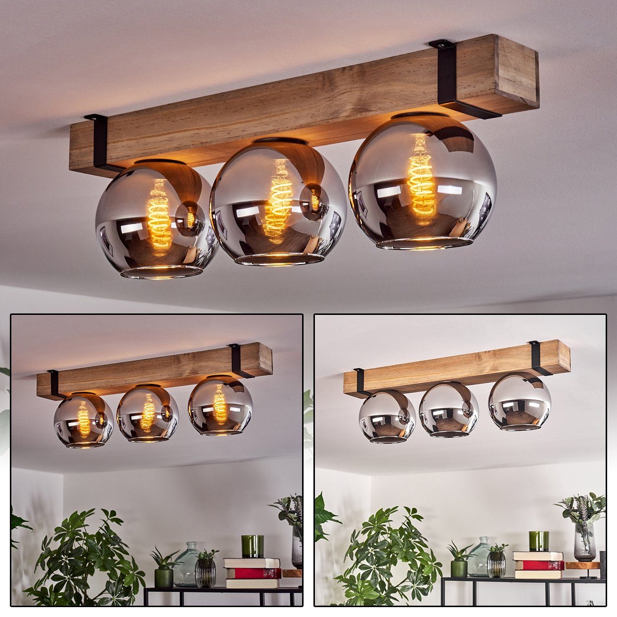 hofstein Deckenleuchte Deckenlampe aus Metall/Holz/Glas in Schwarz/Natur/Ch günstig online kaufen