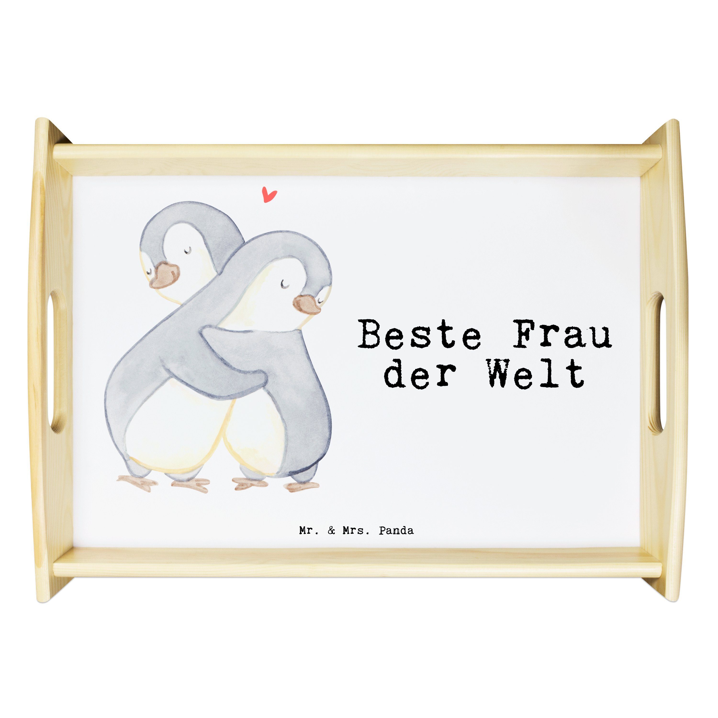 Mr. & Mrs. Panda Tablett Pinguin Beste Frau der Welt - Weiß - Geschenk, Holztablett, Geschenki, Echtholz lasiert, (1-tlg)