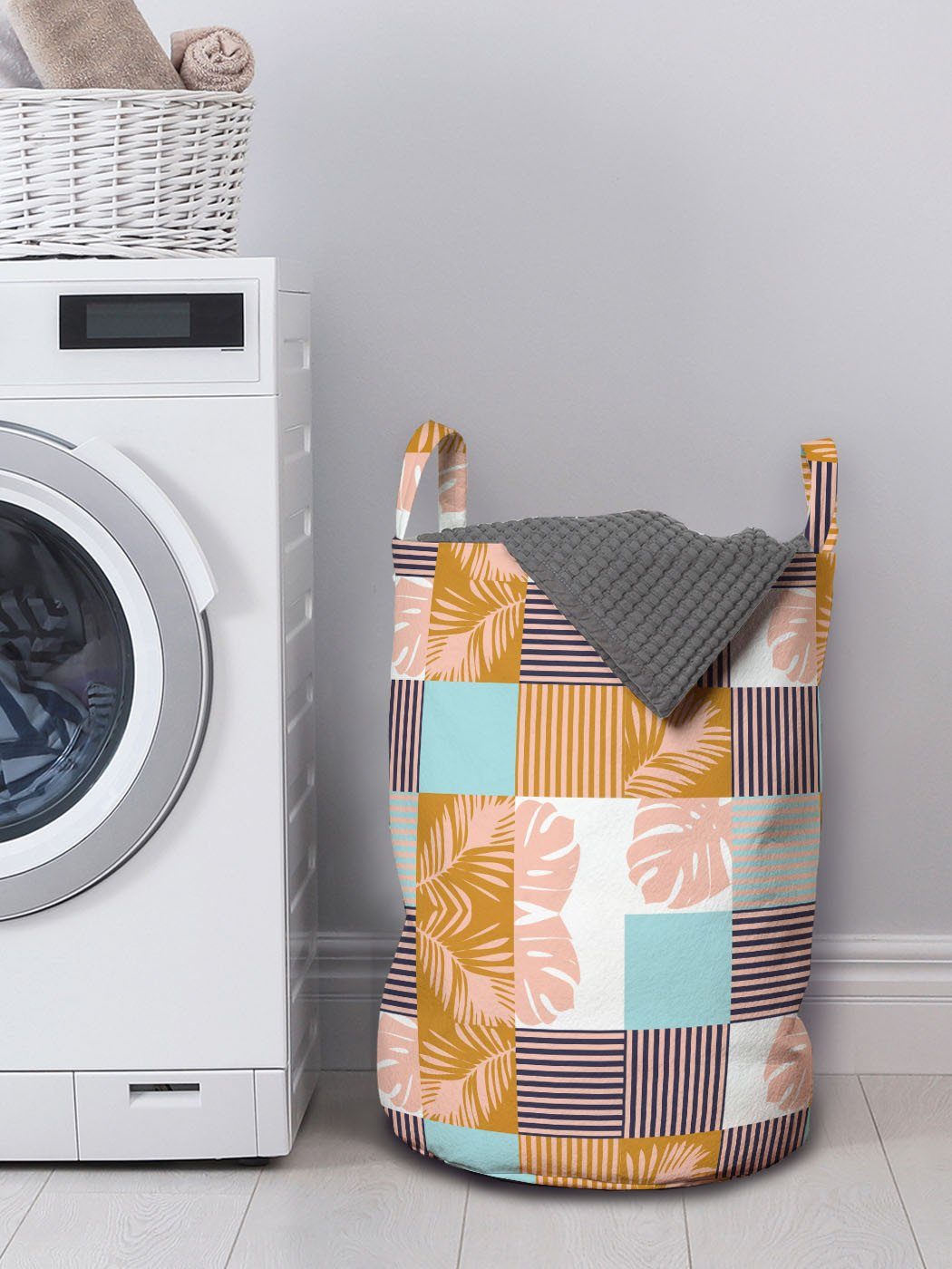 Abstrakt Streifen Wäschesäckchen Kordelzugverschluss für und Wäschekorb mit Palm Blätter Griffen Waschsalons, Abakuhaus