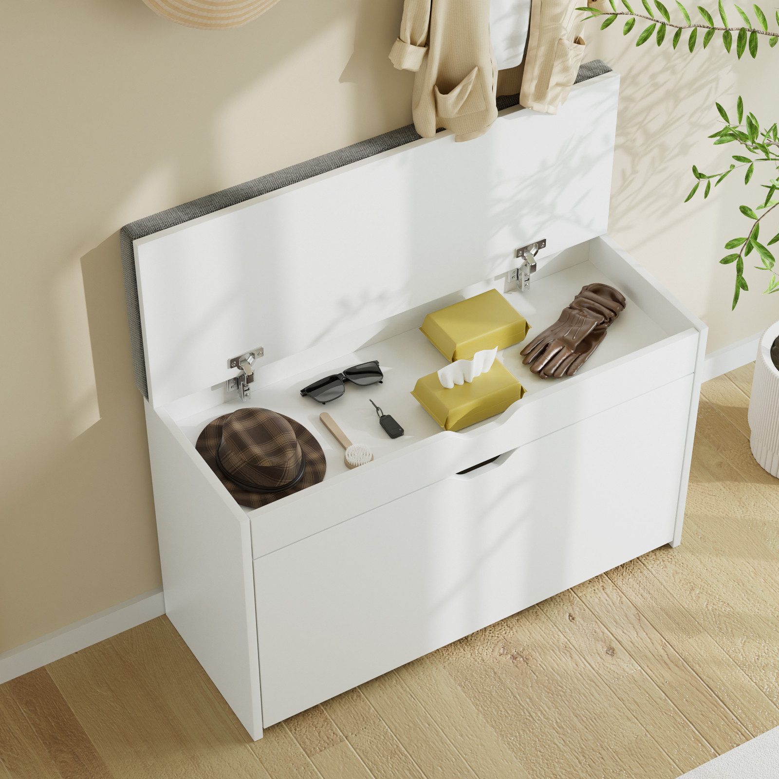 VOWNER Schuhschrank mit Klappen – Schmaler Schuhregal, Sitzbank mit Kissen, verstellbar (1-St) 81 × 31 × 55 cm, Weiß