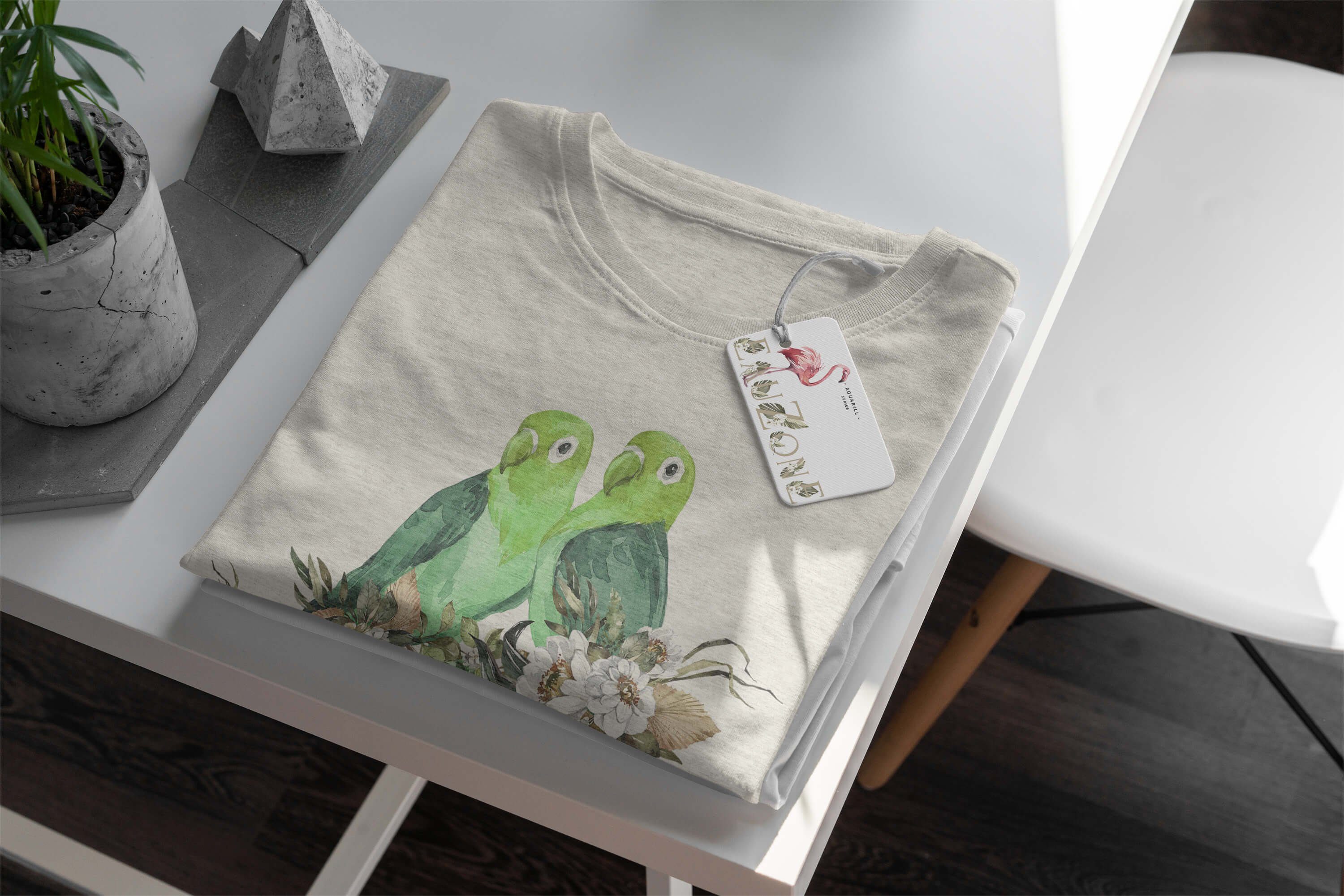 Aquarell Motiv Organic Farb Nachhaltig (1-tlg) Pärchen Art Bio-Baumwolle Herren Ökomode Sinus T-Shirt Papageien T-Shirt Shirt