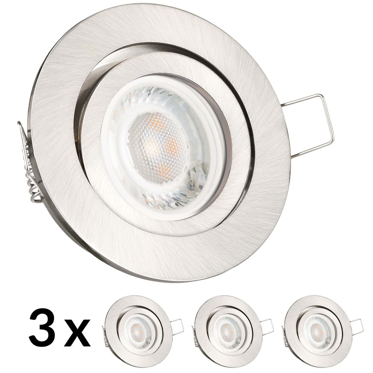 LEDANDO LED Einbaustrahler 3er LED Einbaustrahler Set extra flach in edelstahl / silber gebürstet