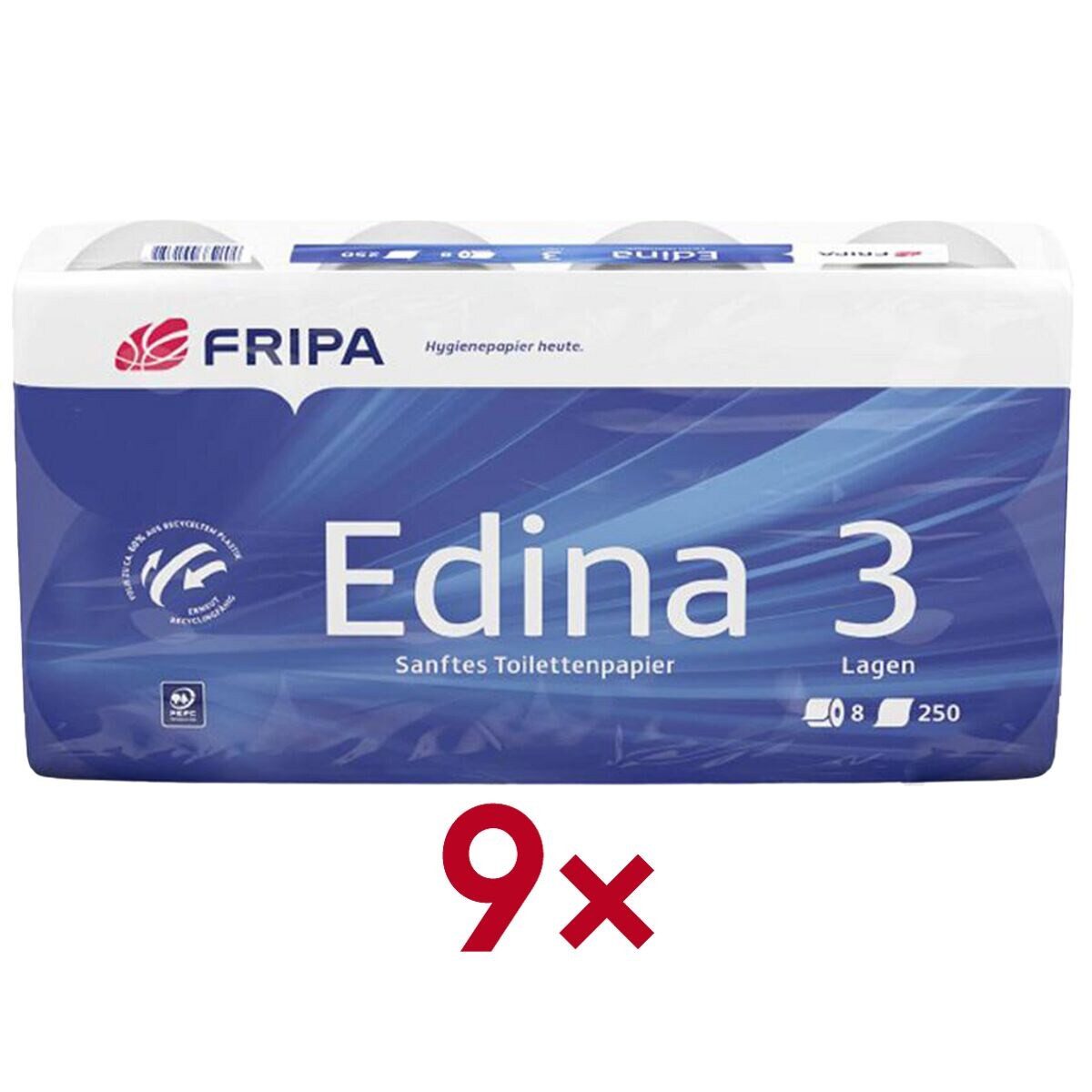Fripa Toilettenpapier Edina (72-St), 3-lagig, 9x 8 Rollen, 250 Blatt/Rolle, mit Prägung