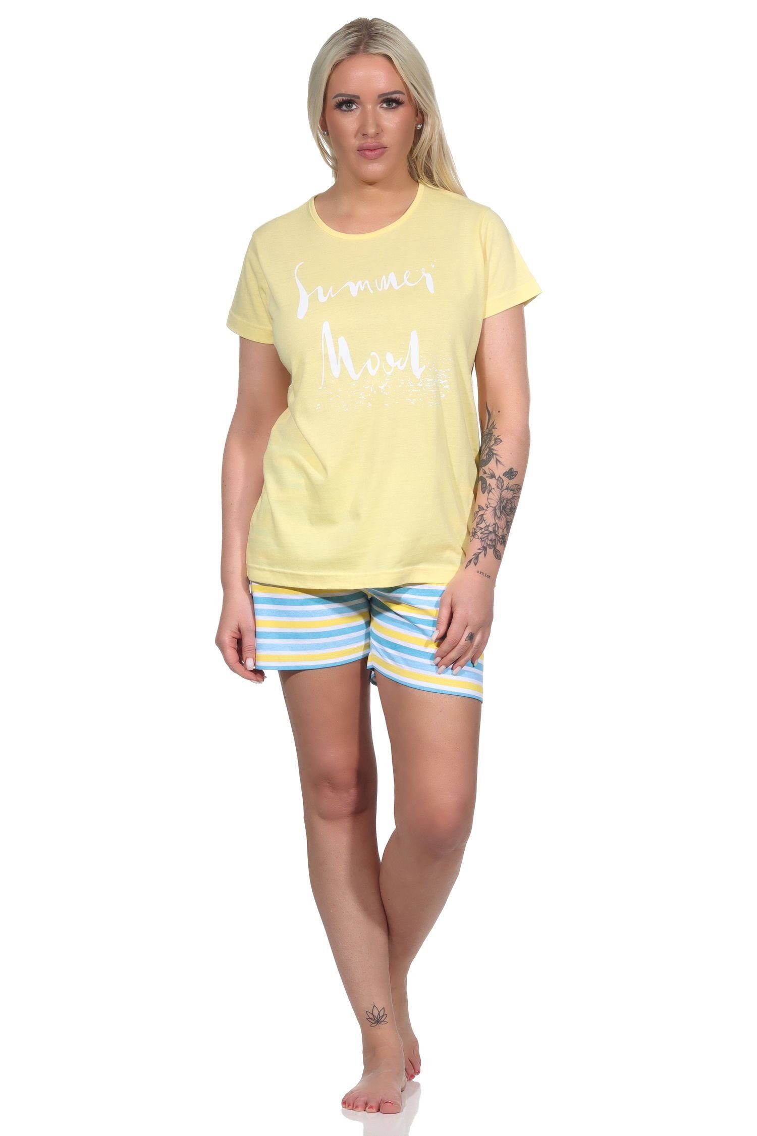 RELAX by Normann Pyjama Damen Shorty kurzarm Pyjama mit Front-Print und Ringel-Optik gelb