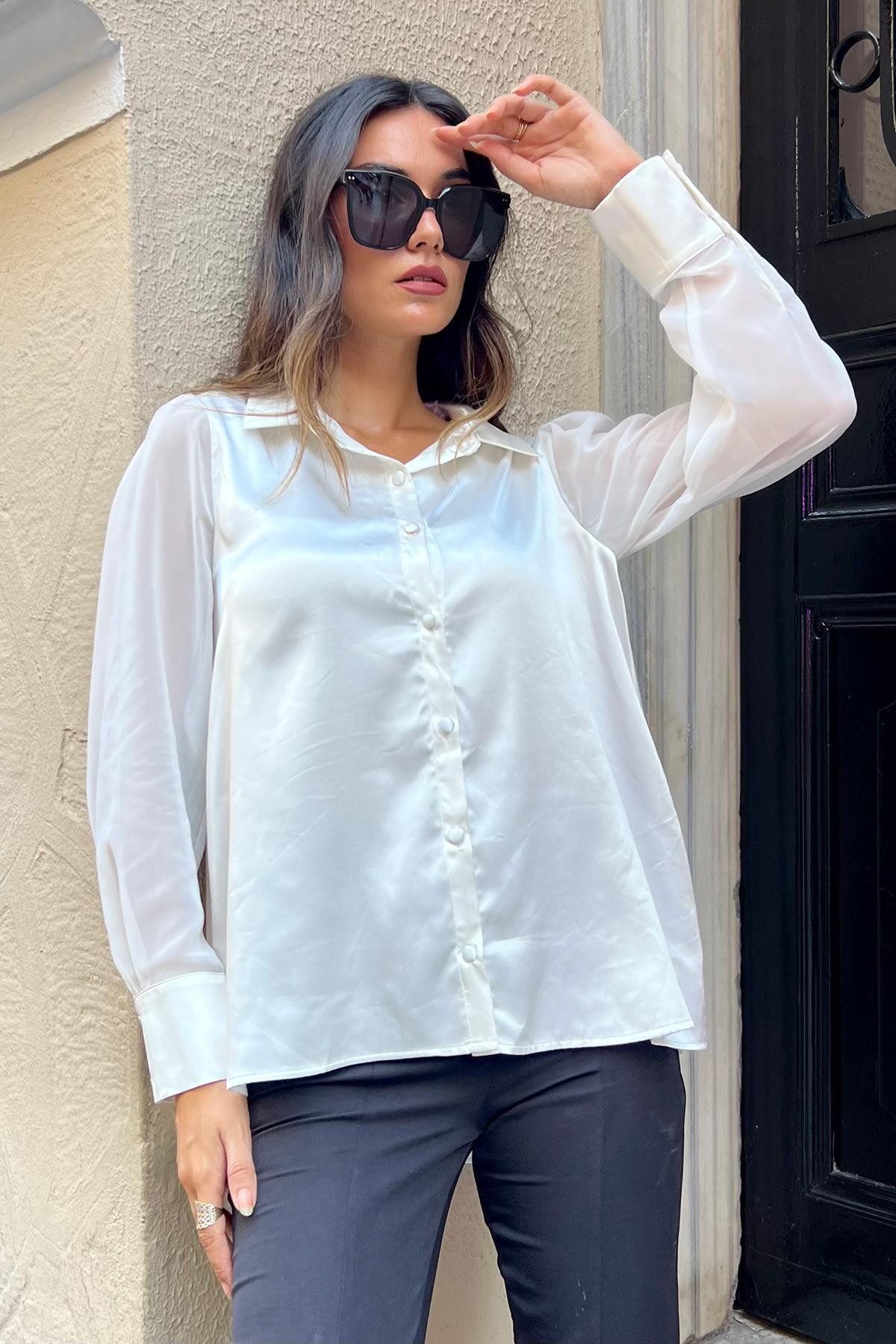 For You Moda Businesshemd Weißes Satinhemd mit Chiffon-Detail