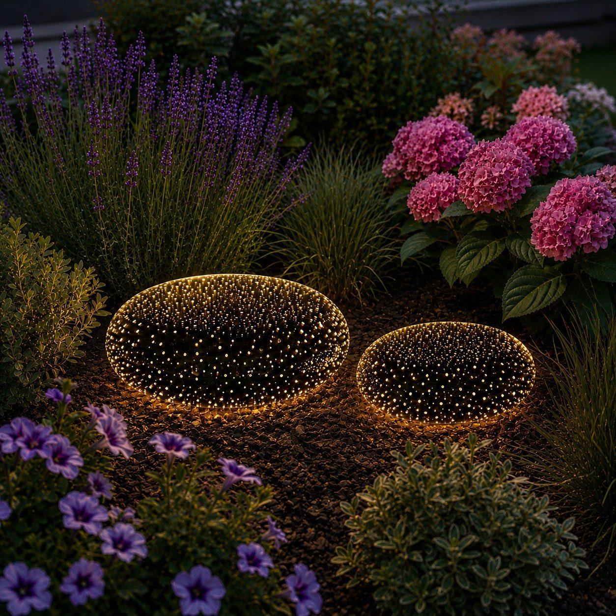 Online-Fuchs LED Dekolicht - 2 "Steine" aus Glas mit LED-Beleuchtung & Timer - Gartendekoration, Dauerleuchten oder seichter Funkeleffekt wählbar, warmweiße Beleuchtung, stilvolles im Lichtspiel im Garten, auf der Terrasse oder dem Balkon