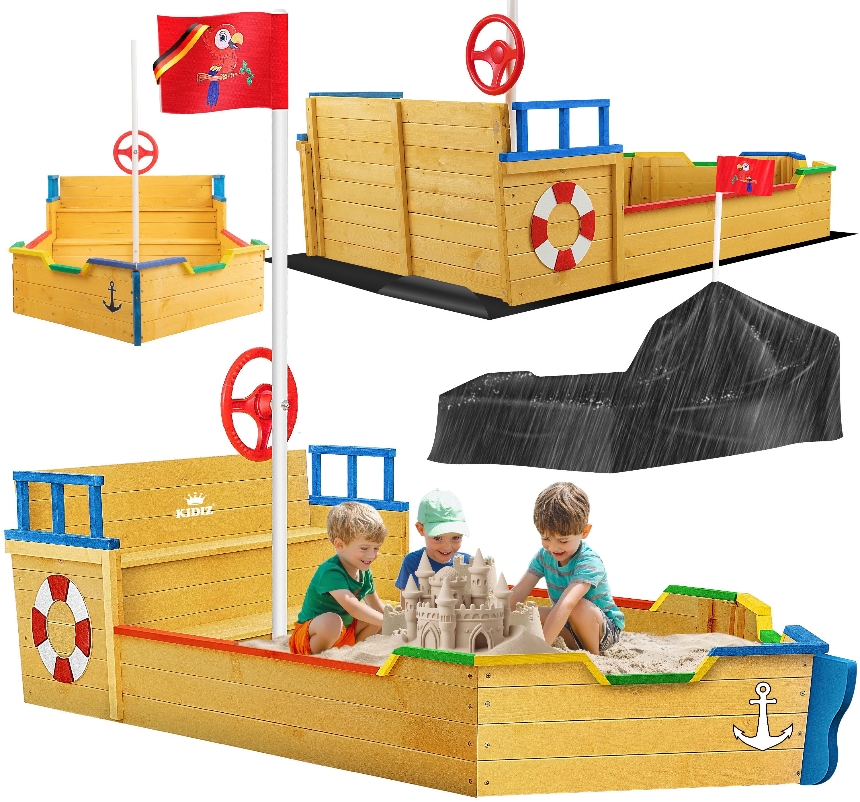 KIDIZ Sandkasten, Sandkasten Ahoi Piratenschiff Boot Segelschiff aus Holz