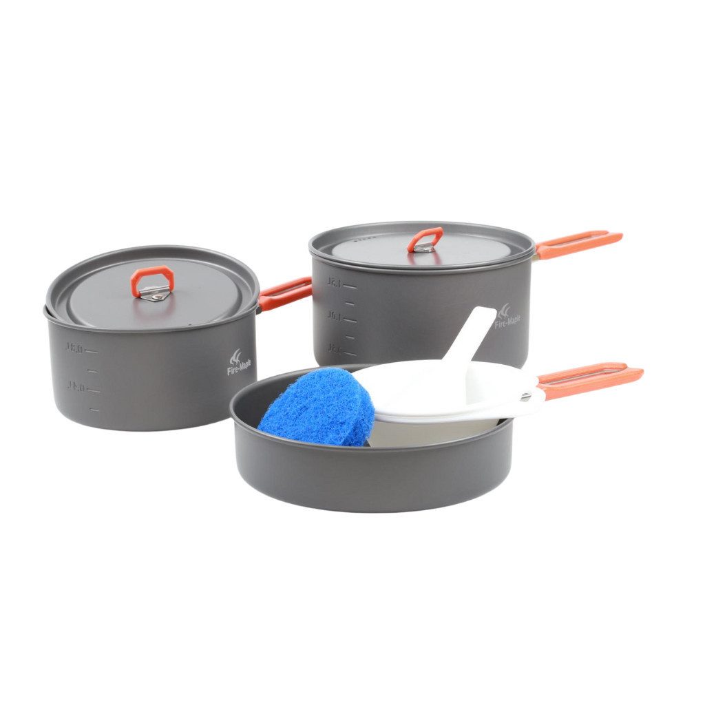 FireMaple Geschirr-Set Feast 3 Camping Kochset 7-teilig, ultraleicht, Orange (7-tlg), Harteloxiertes Aluminium / Edelstahl / ABS, Ultraleicht, kompakt stapelbar, integrierte Siebfunktion